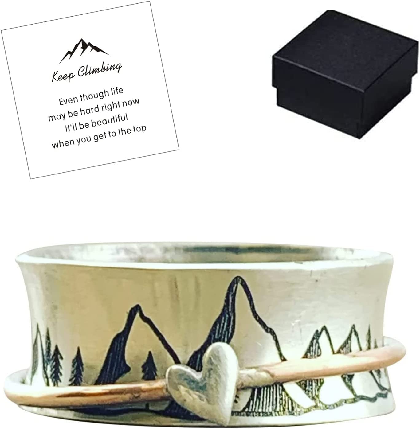 JIJKss Keep Climbing Silver Spinner Ring - Personalized Mountain Jewelry with Handcrafted Design - Inspirational Memorial Gift for Hikers & Outdoor Enthusiasts - Perfect for Anniversaries, Birthdays & Adventure Lovers