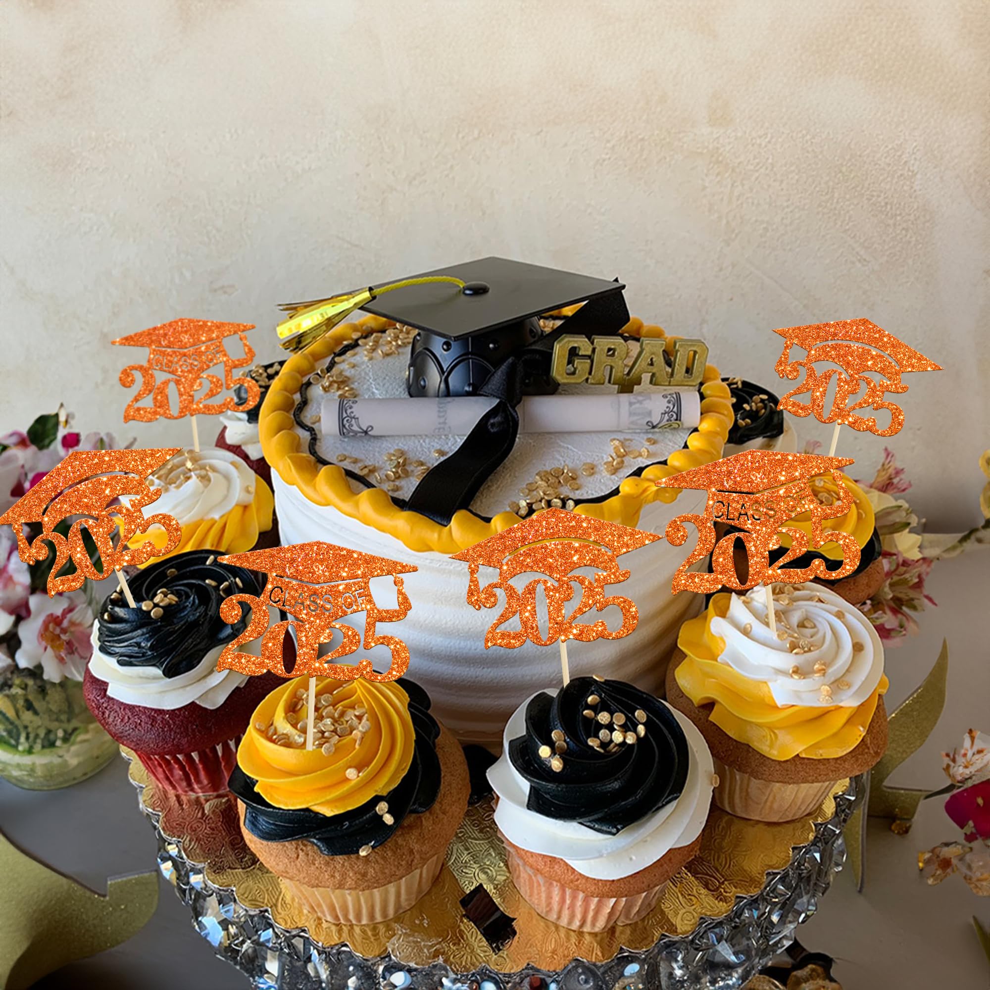 24Pcs 2025 Graduation Cap Cupcake Toppers - Orange Glitter Class of 2025 Cake Decorations for Graduation Party, Birthday, School Celebration | Perfect for Cupcakes, Cakes, Desserts