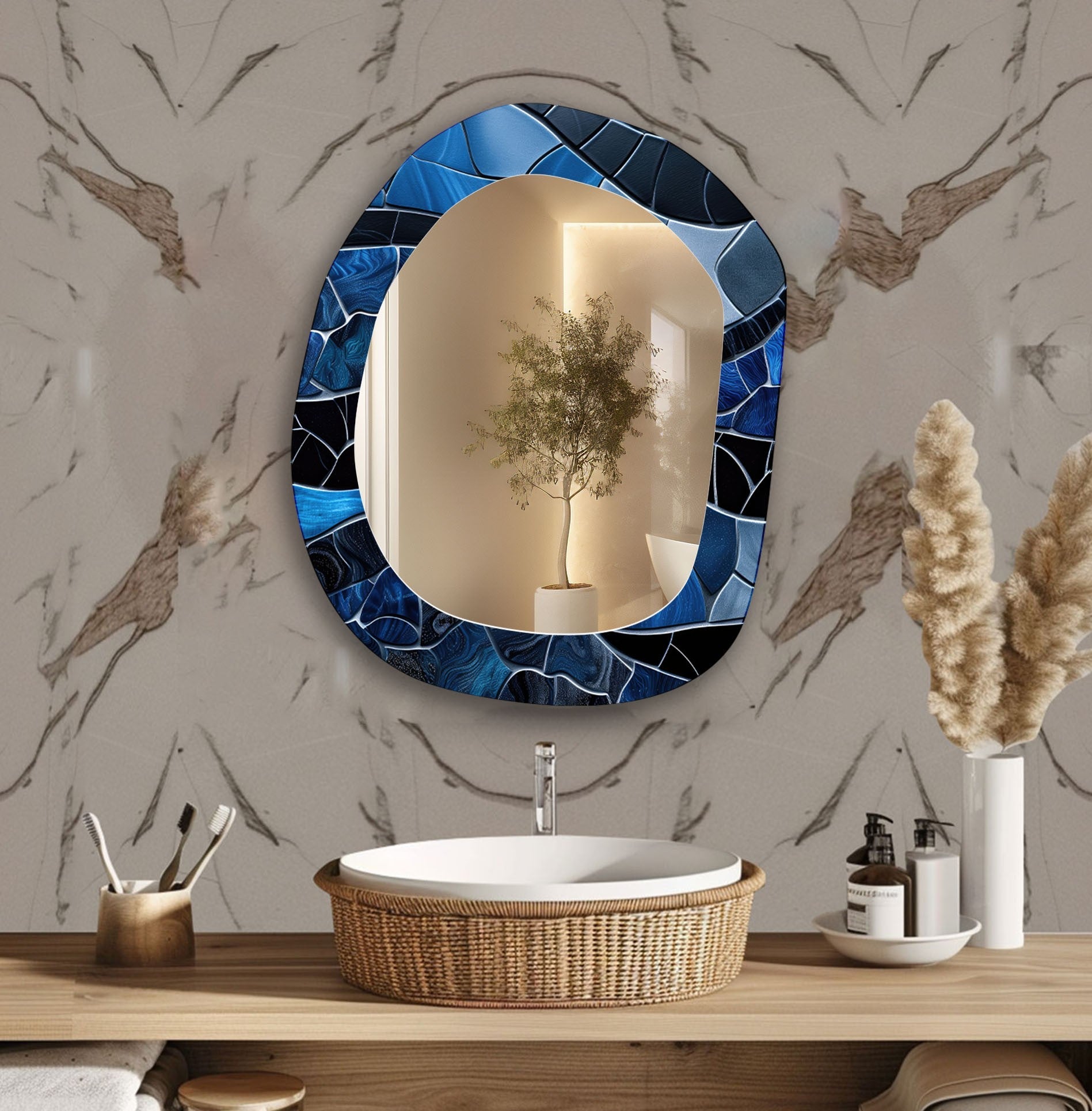 Stylish Blue Wall Mirror for Living Room - Elegant Home Decor & Space Enhancer - Perfect for Modern Interiors, Bedrooms, and Entryways
