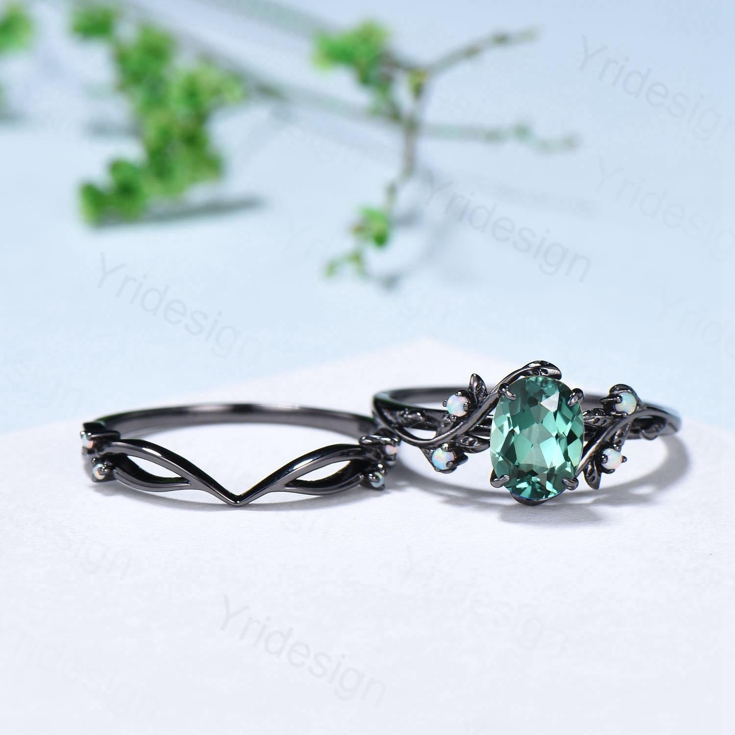 Natural Inspired Black Gold Green Sapphire Wedding Ring Set - Unique Leaf Engagement Ring, Art Deco Cluster Opal Band Ring for Women - Bridal Jewelry Set for Weddings, Anniversaries & Special Occasions