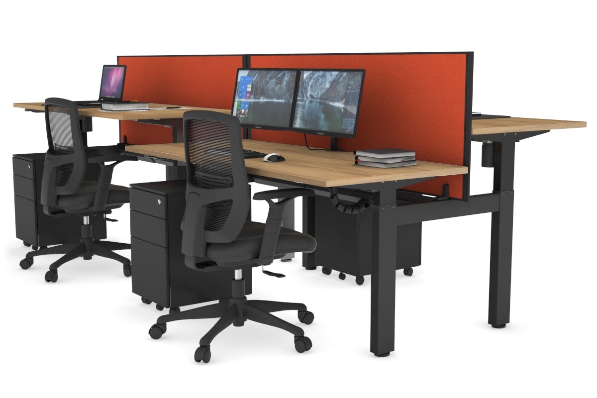 Just Right Height Adjustable 4-Person H Bench Workstation - Black Frame [1400L x 700W] for Office, Coworking Space & Home Office