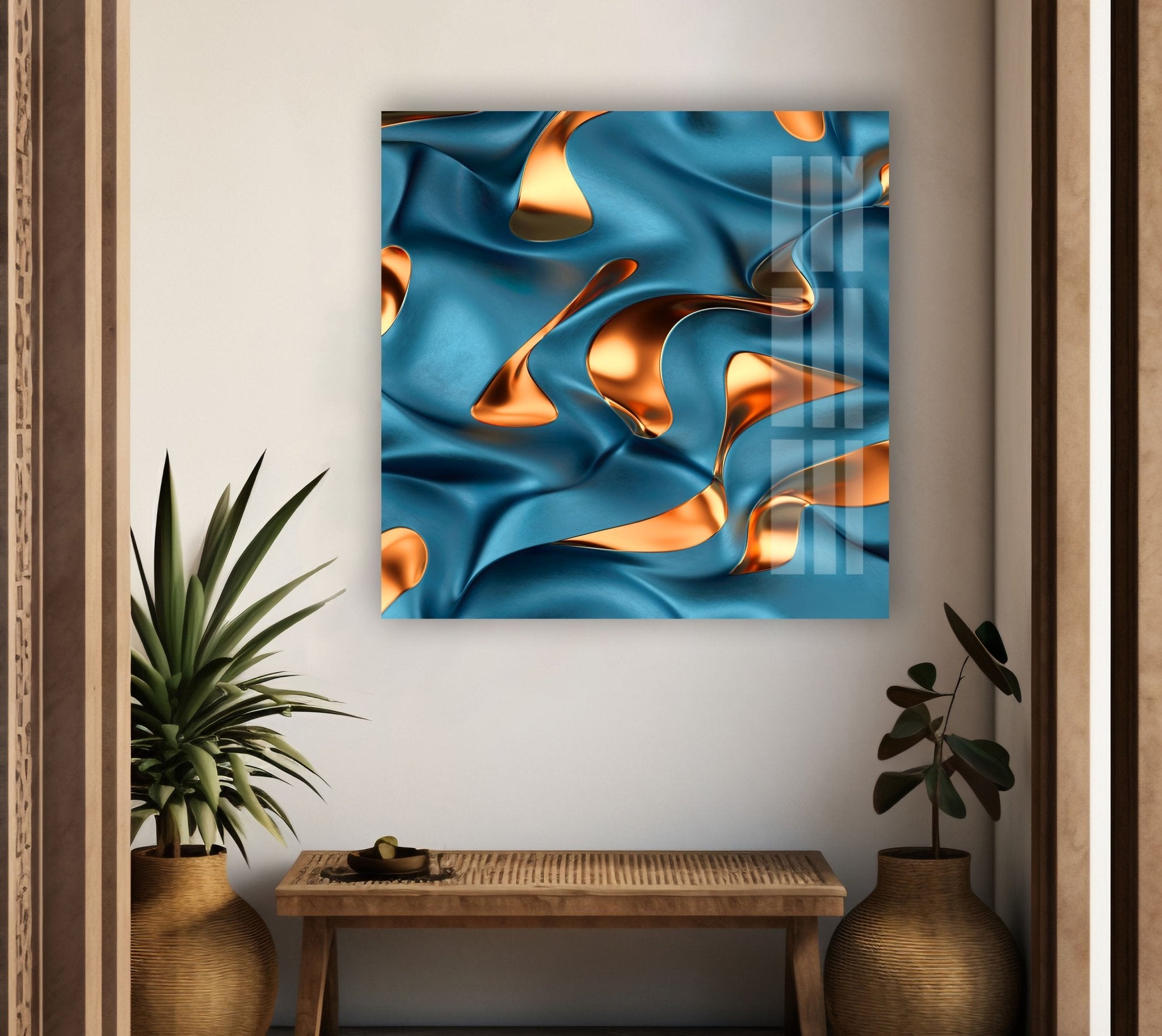 Abstract Bronze Blue Glass Wall Art - Modern Home Decor for Living Room, Bedroom & Office - Elegant Handmade Glass Panel for Stylish Interior Design
