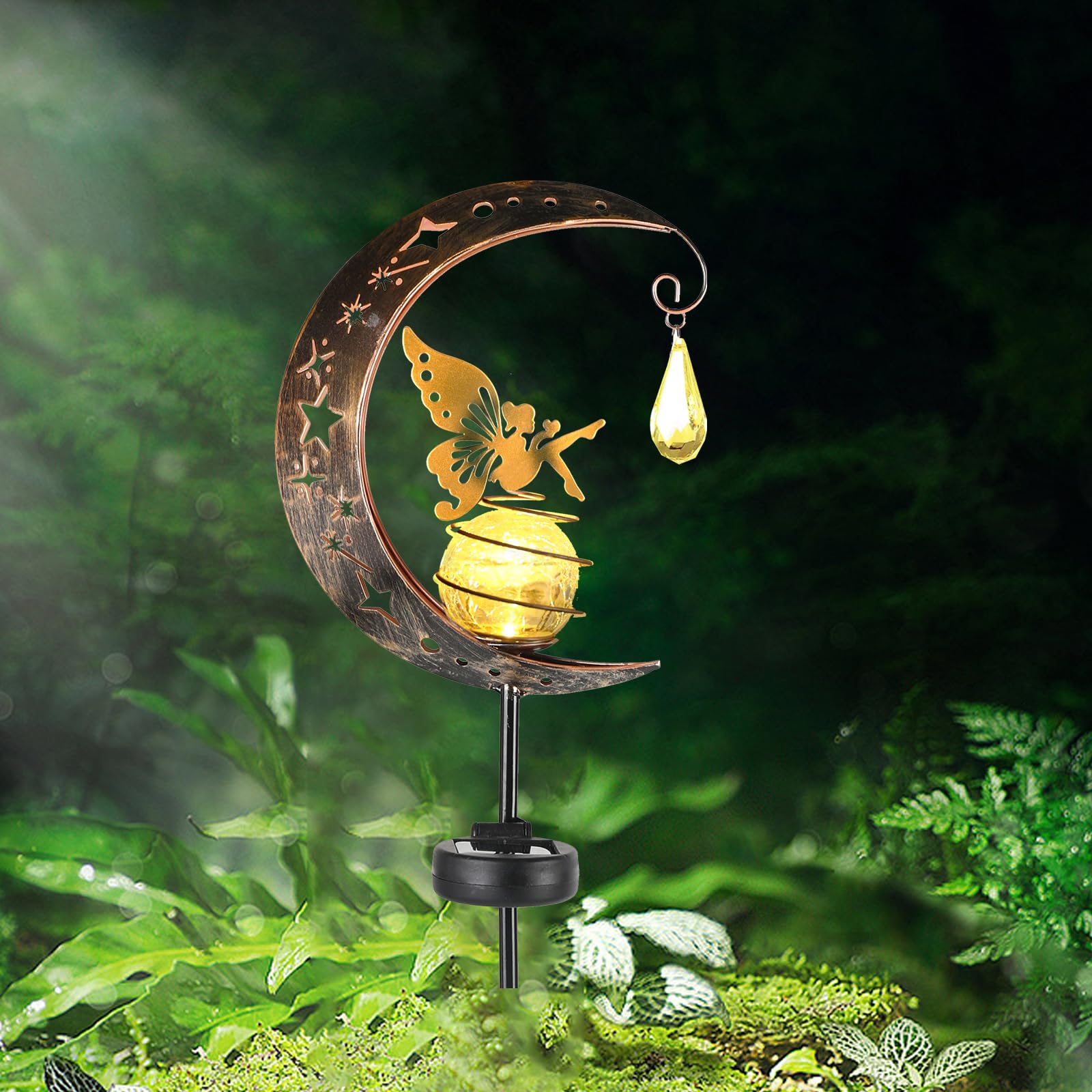 Solar Powered Moon Fairy Garden Lights - Waterproof Crackle Glass Globe with Angel for Outdoor Decor, Patio, Lawn, Yard & Pathway | Perfect Christmas Gift for Mom & Grandma | Create Magical Nighttime Ambiance in Your Garden