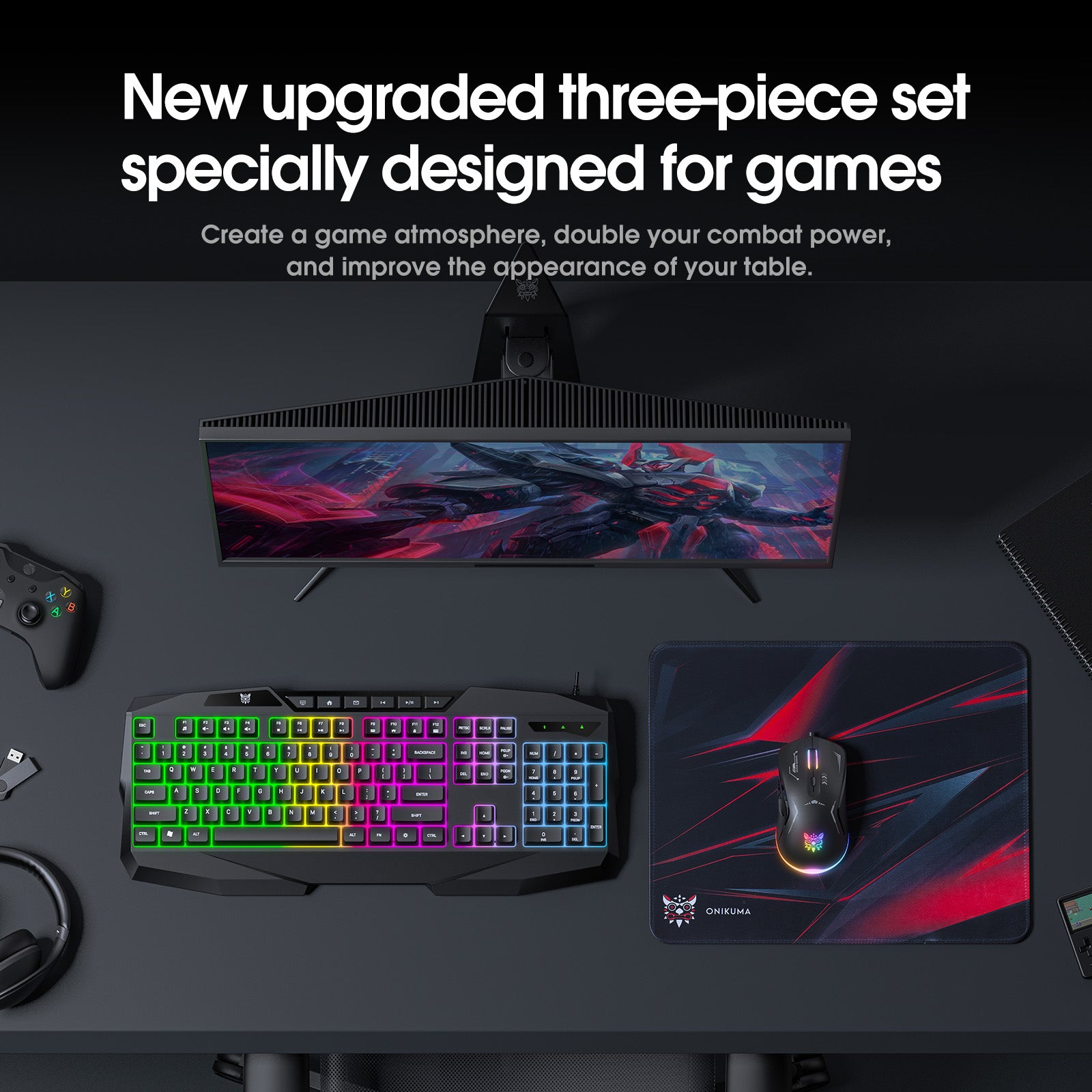 ONIKUMA TZ3006 3-in-1 Gaming Combo Set - RGB Backlit G22 Mechanical Keyboard, CW917 Programmable Gaming Mouse, MP002 Large Mouse Pad - Perfect for PC, PS4, Xbox Gaming & Office Work