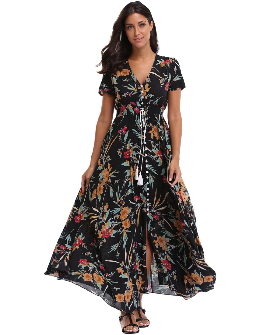 Boho Floral Maxi Dress for Women - Summer Button Up Long Dress with Side Slit, Flowy Beach Party Dress for Vacation, Wedding & Outdoor Events