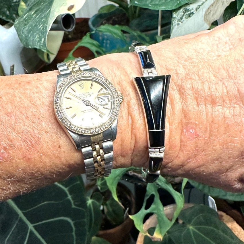 Vintage 950 Sterling Silver Black Obsidian or Onyx Bracelet - Handmade in Mexico - Perfect for Boho Style, Spiritual Healing & Gift Giving