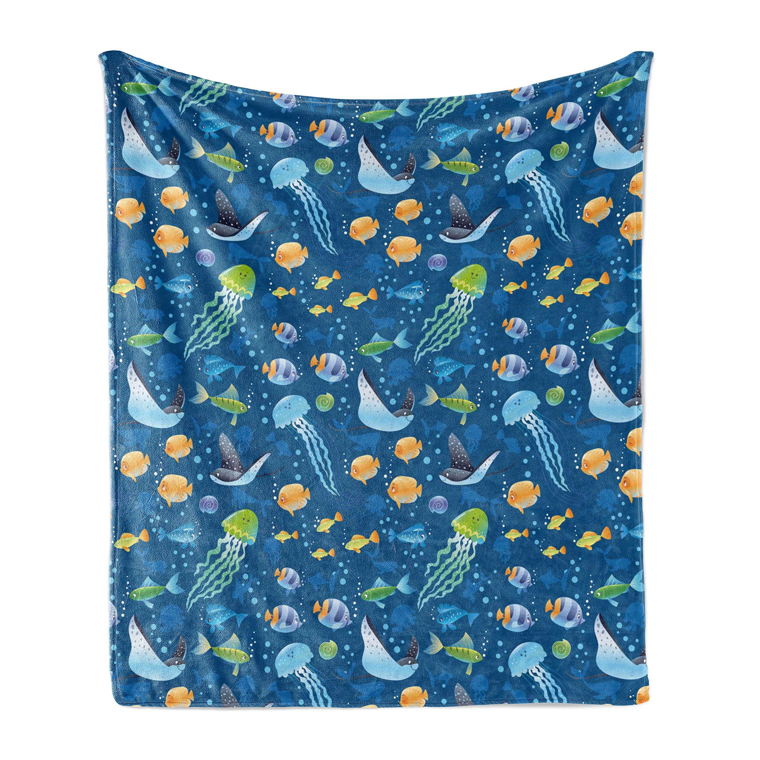 Ambesonne Under The Sea Throw Blanket - Soft Flannel Fleece Blanket with Fish, Turtle & Nautical Creatures Design, 70