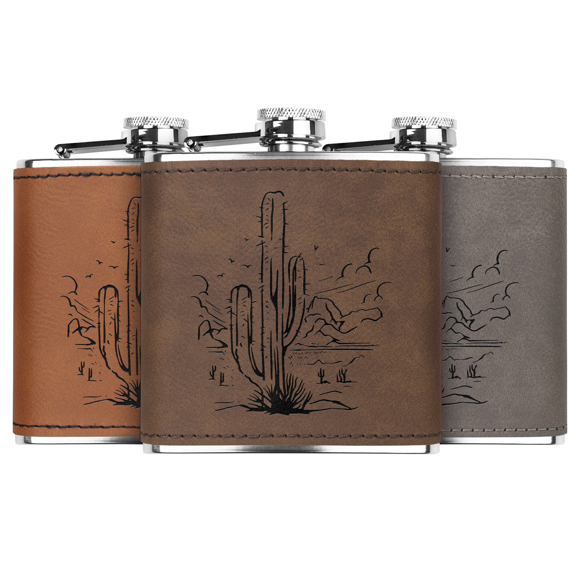 Cactus Design Stainless Steel Leather Flask - Perfect for Outdoor Adventures, Camping & Gifts