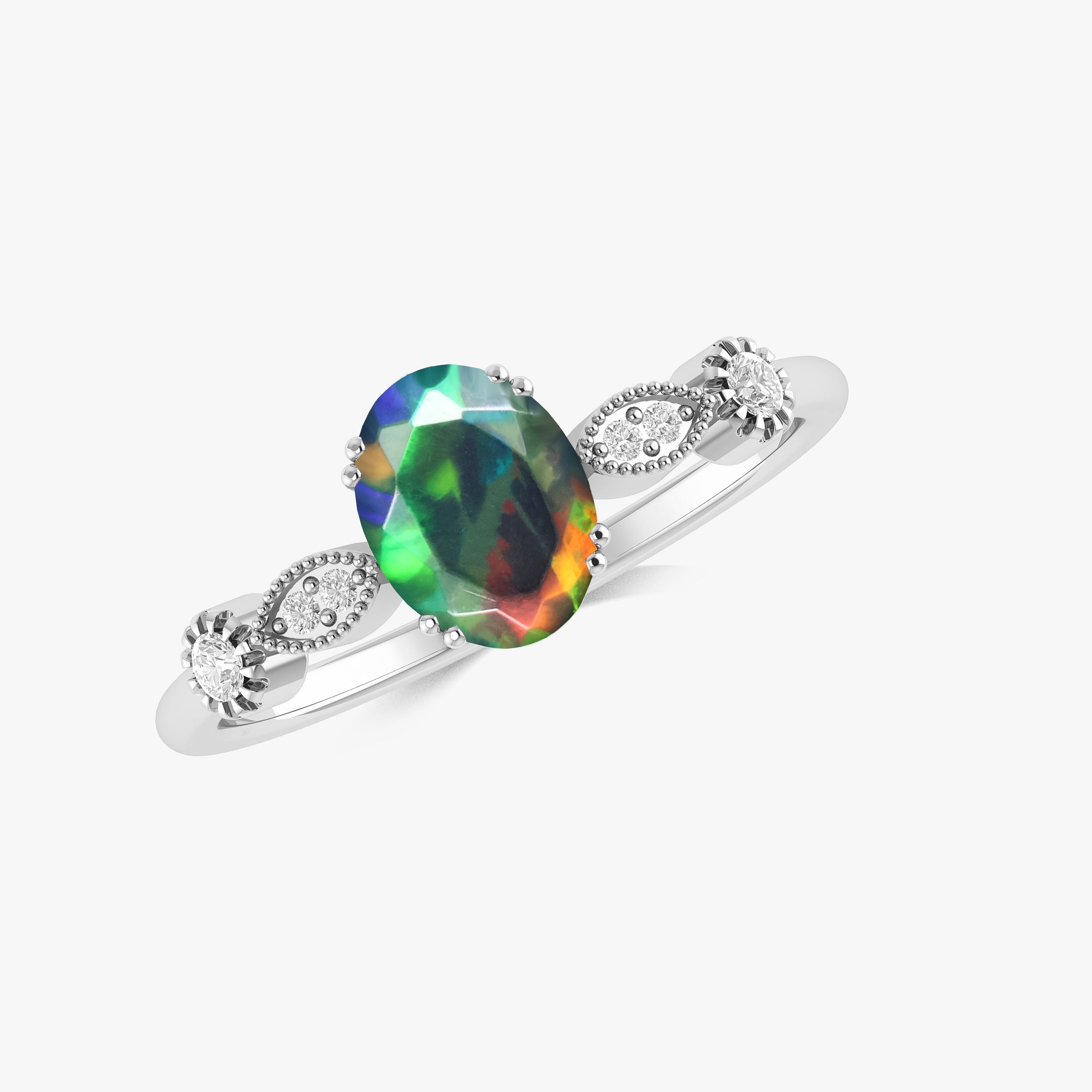 Ethiopian Opal Ring for Women - Green Multifire Oval Gemstone Jewelry for Engagement, Wedding & Special Occasions