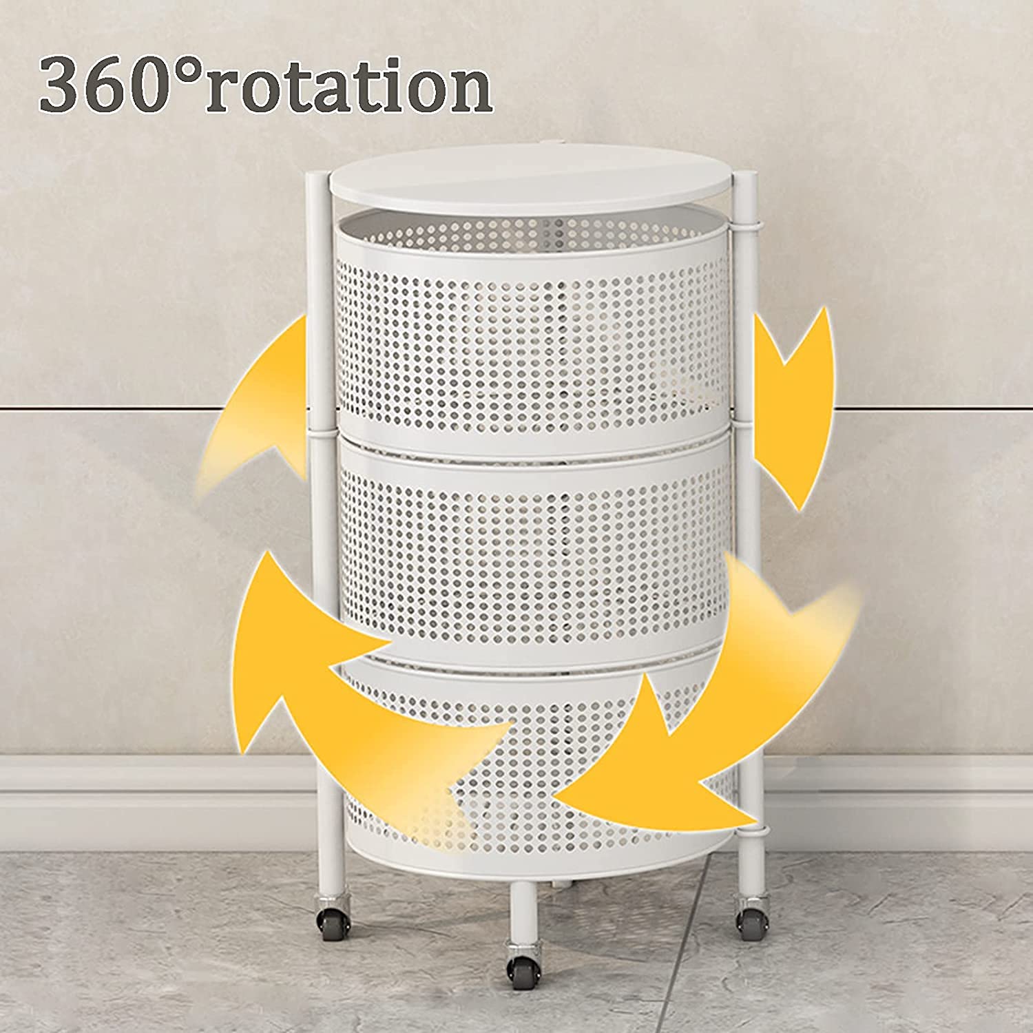 360° Rotating Floor-to-Ceiling Kitchen Storage Basket - 3/4/5 Tier Adjustable Fruit & Vegetable Organizer with Universal Wheels for Pantry, Supermarket, or Home Use