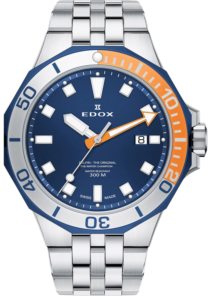 Edox Delfin 53015 357BUOM BUIN Men's Automatic Dive Watch - 200M Water Resistant, Stainless Steel, Blue Dial - Perfect for Scuba Diving, Swimming & Outdoor Adventures