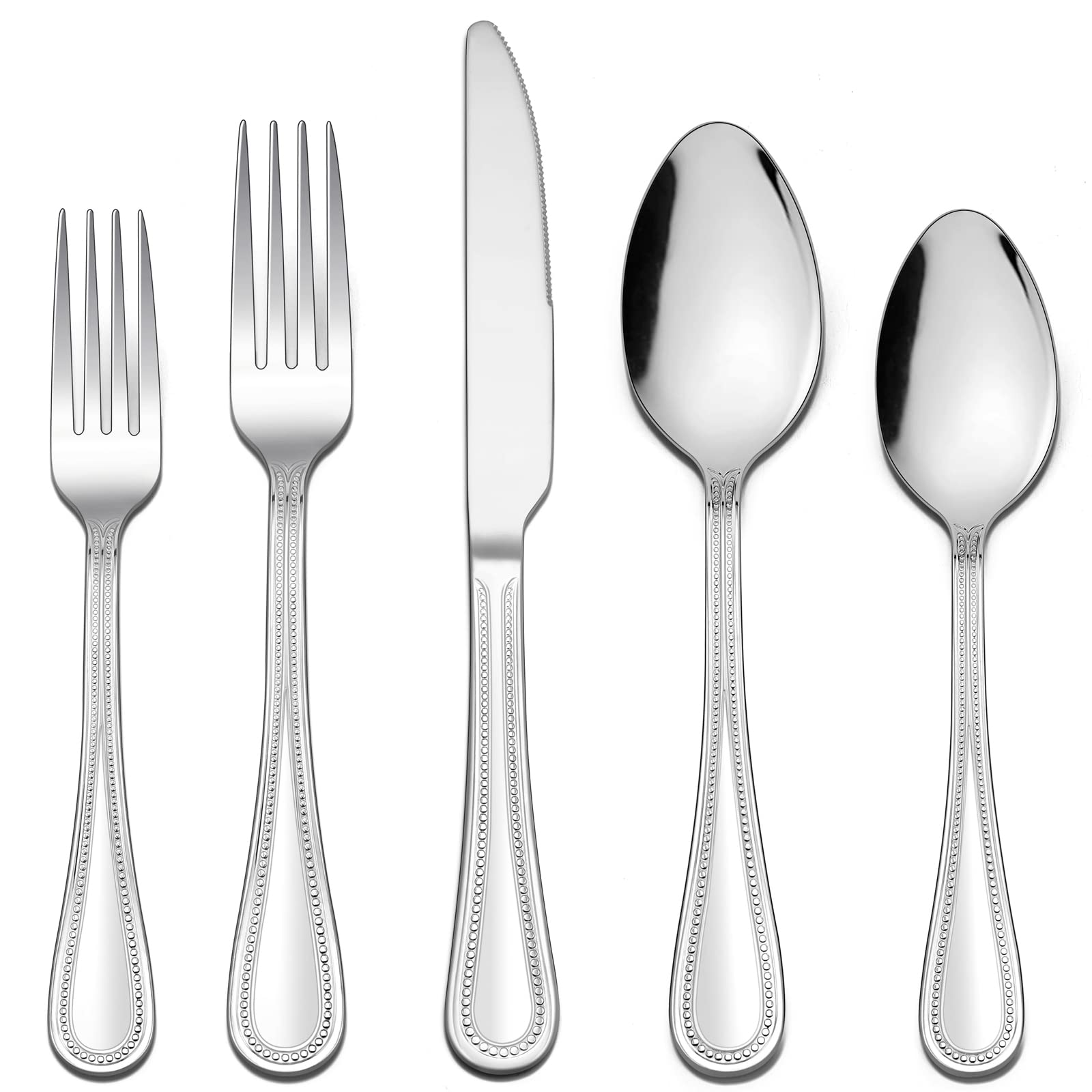 Premium 40-Piece Stainless Steel Flatware Set for 8 - Mirror Finish Silverware with Pearled Edge - Dishwasher Safe Cutlery for Home, Kitchen, Restaurant & Party - Elegant Tableware for Fine Dining, Wedding Gifts & Entertaining Guests