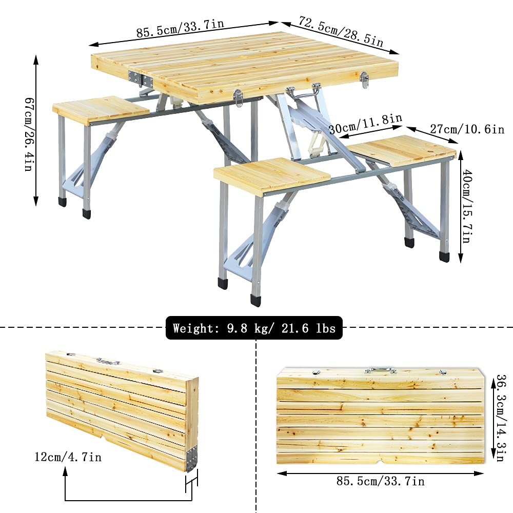 Portable Aluminum Folding Camping Picnic Table Bench Set with Umbrella Hole - 4 Seats & 1 Table for Indoor, Outdoor, Patio, Lawn, Garden - Perfect for Camping Trips, Backyard BBQs and Beach Outings