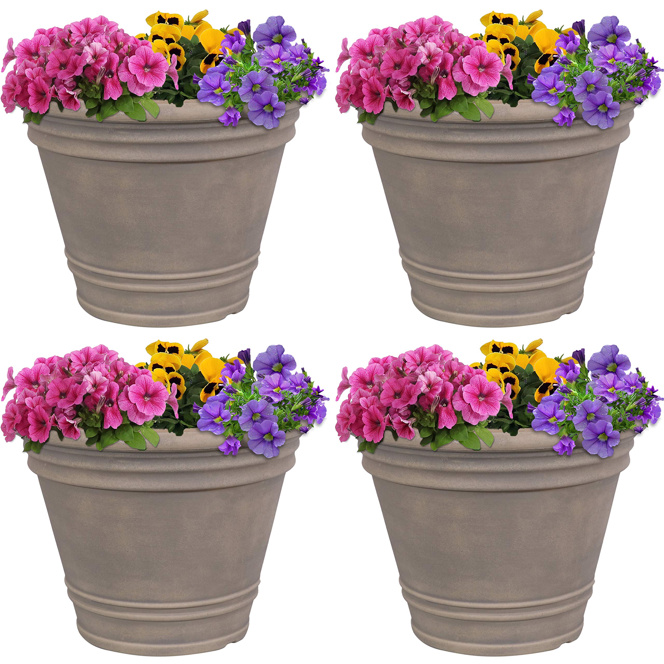 Sunnydaze 20-Inch Large Franklin Outdoor Plant Pots - 4 Pack Polyresin Round Garden Planters with Drainage Holes for Patio, Deck & Backyard - Beige