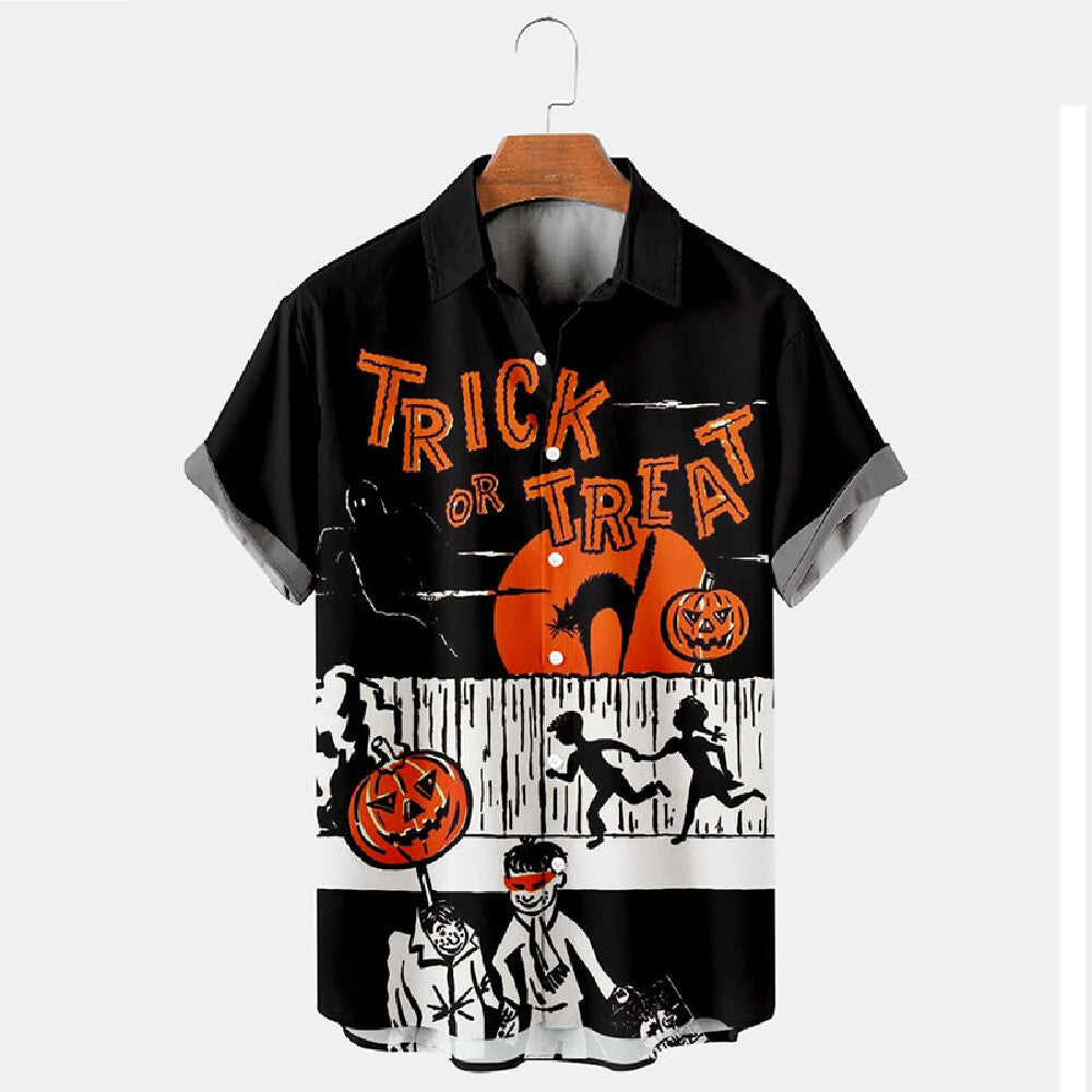Halloween Print Loose Fit Men's Shirt - Casual Button Down Shirt for Halloween Party, Cosplay & Themed Events