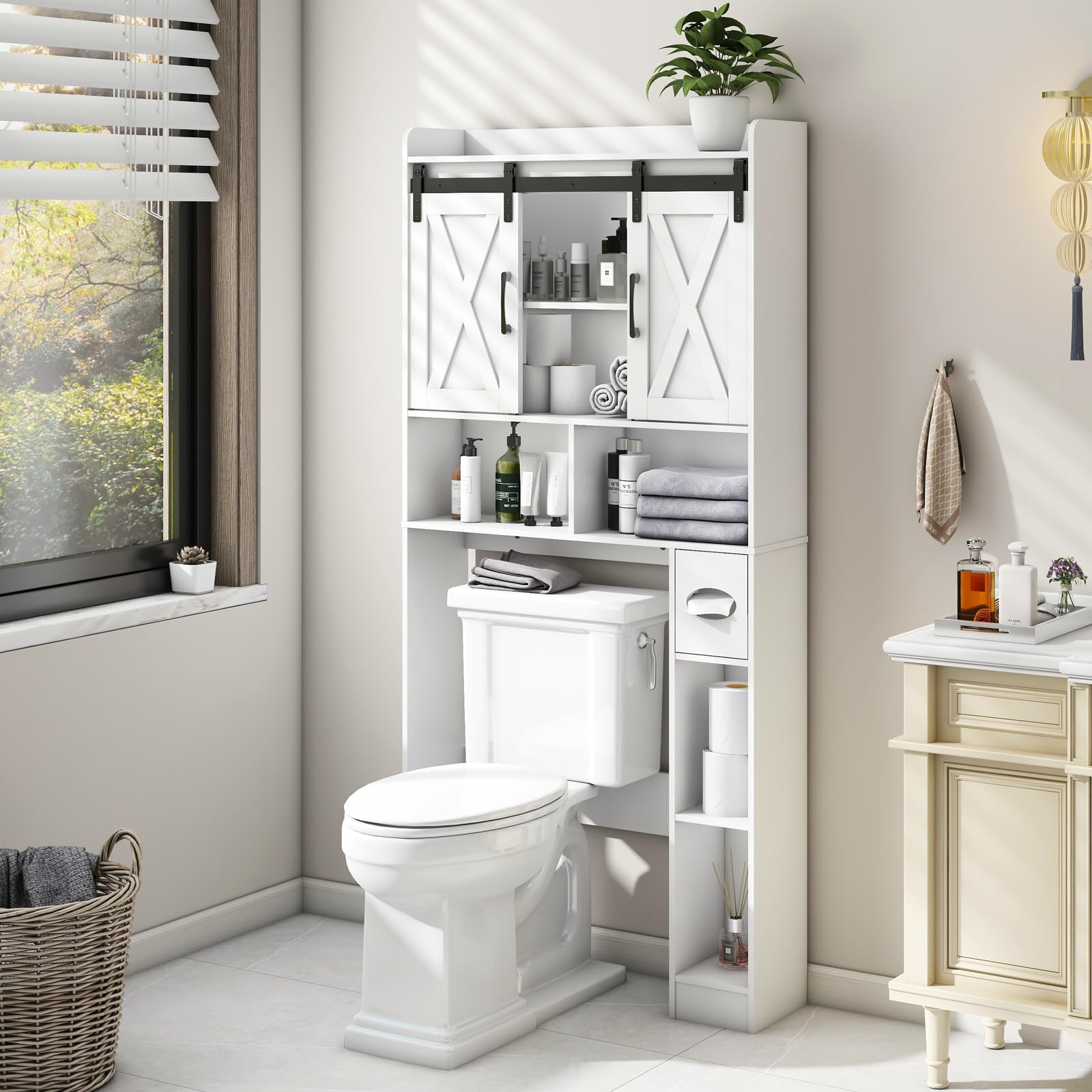 Farmhouse Over The Toilet Storage Cabinet with Sliding Doors - Space-Saving Bathroom Organizer for Toiletries, Towels & Laundry - Perfect for Small Bathrooms, Restrooms & Apartment Living