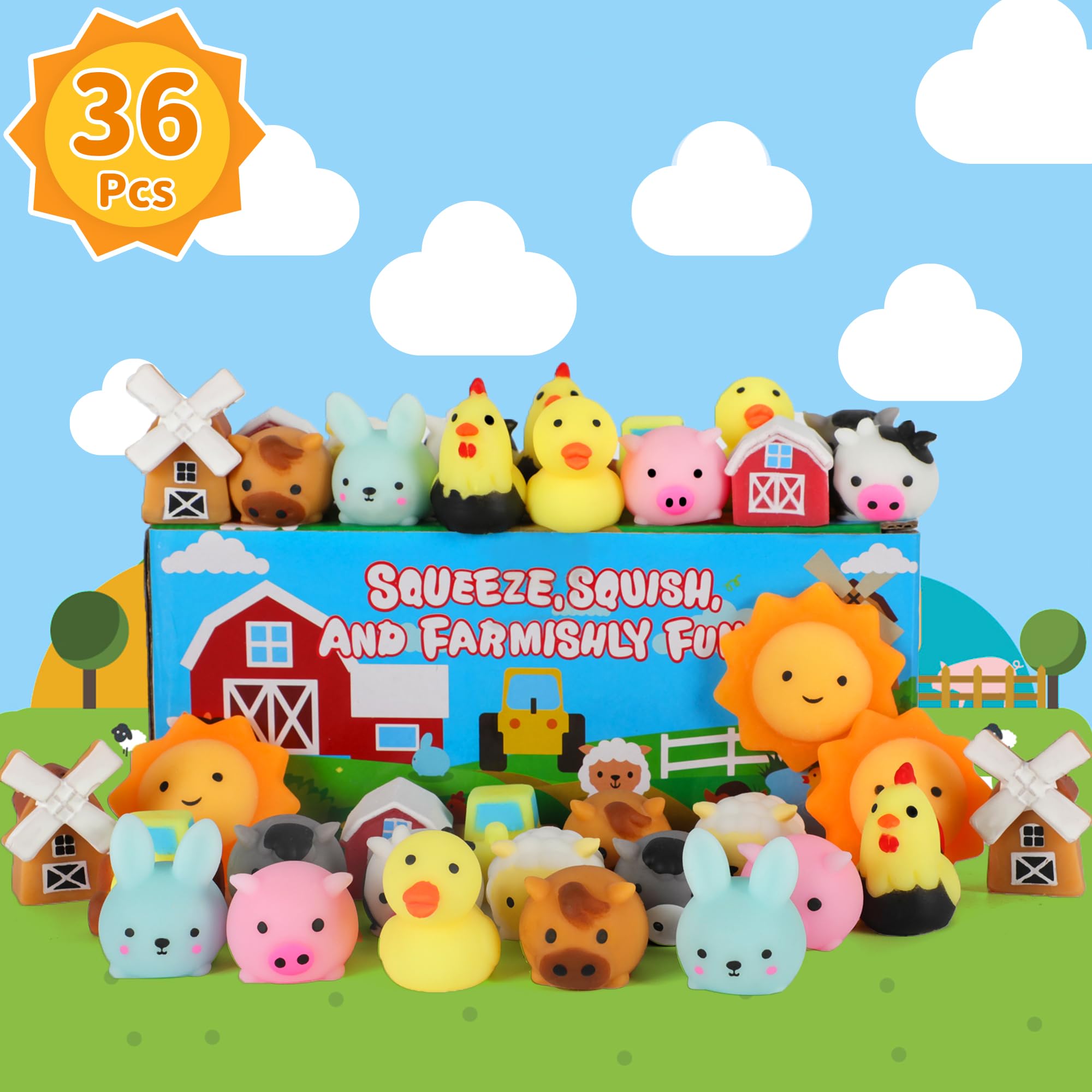 36 PCS Farm Animal Mochi Squishy Toys - Soft Stress Relief Toys for Kids, Party Favors, Sensory Play & Classroom Rewards - Perfect for Birthday Gifts, Goodie Bags & Anxiety Relief