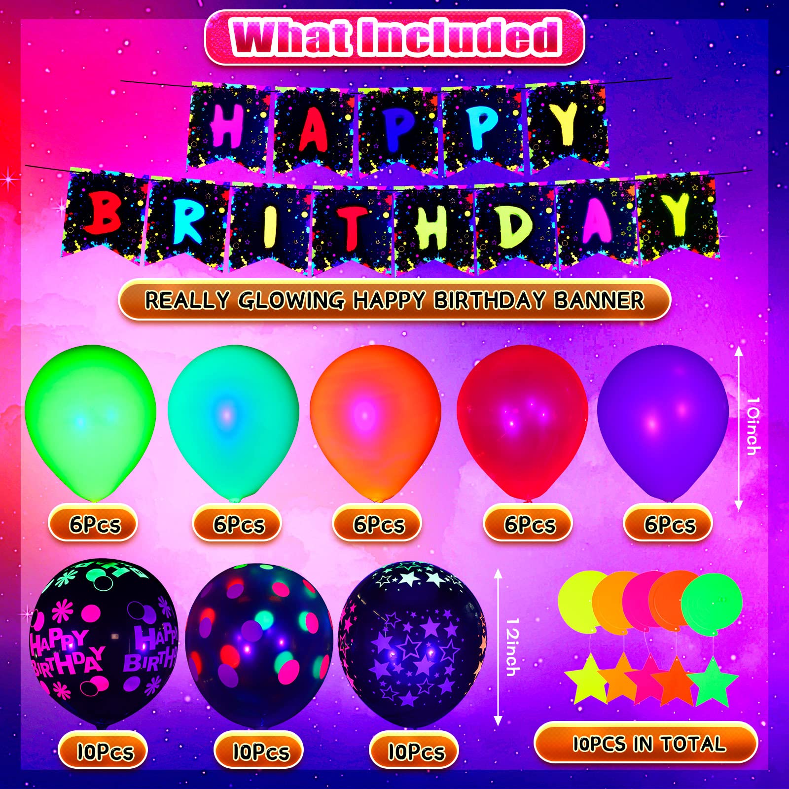 Jetec 71-Piece Neon Birthday Party Decorations Kit - Glow in The Dark Balloons, UV Neon Balloons, Star Swirls & Happy Birthday Banner - Perfect for Glow Parties, Raves, Nightclubs & UV Themed Celebrations
