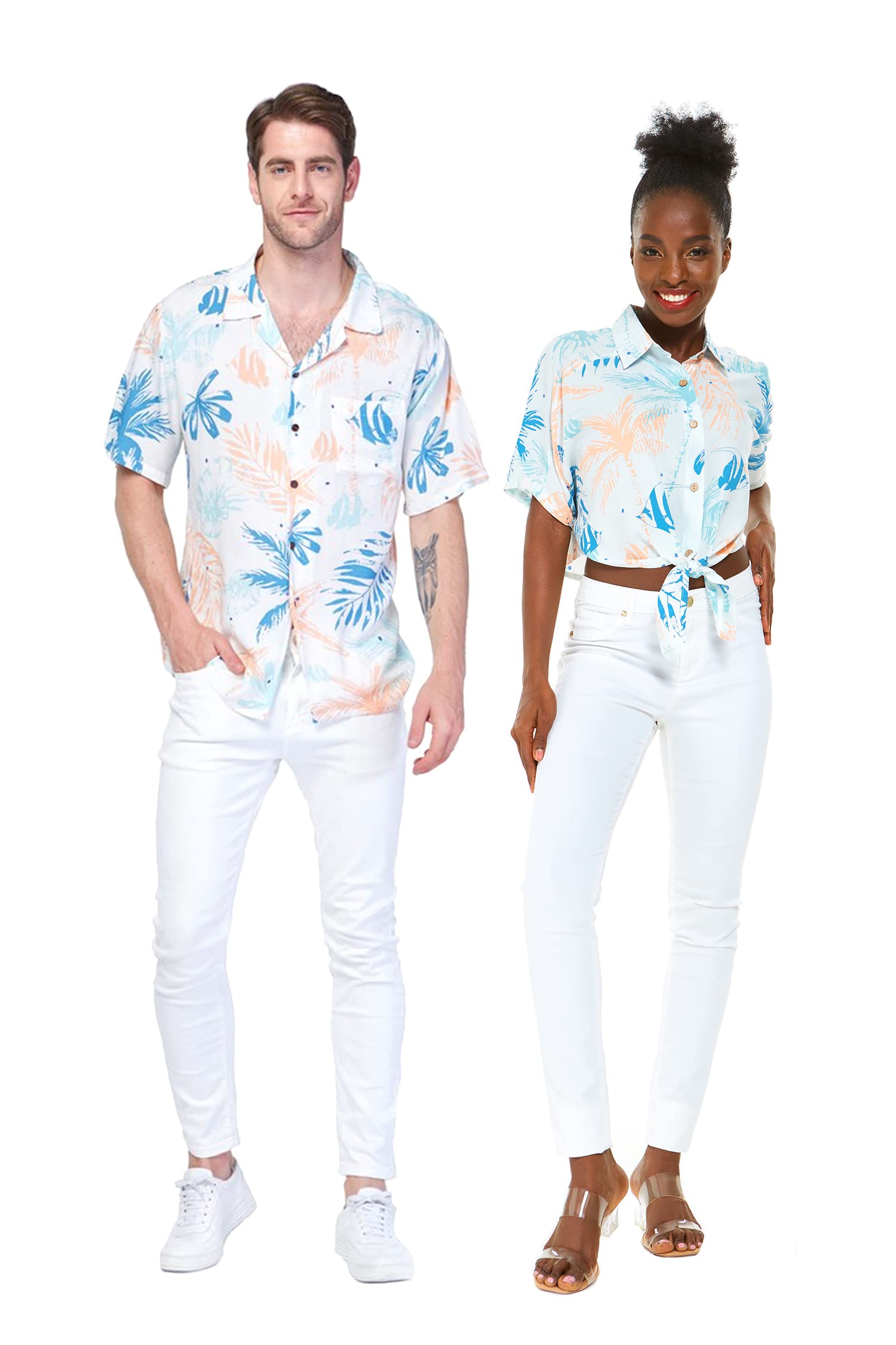 Hawaiian Luau Shirt for Couples - Sandy Beach White Matching Outfits for Beach Party, Summer Vacation & Tropical Getaways
