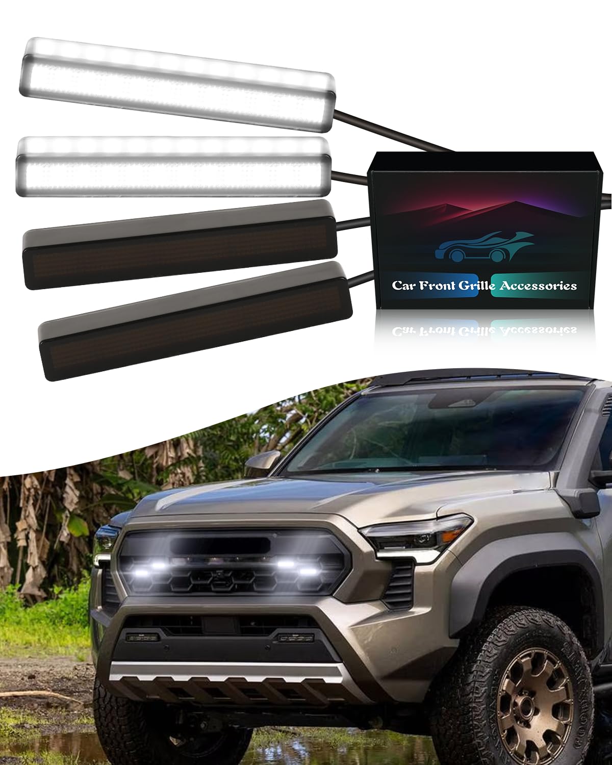 2024 Toyota Tacoma LED Grill Lights - White Front Grille Trims & Accessories (4Pcs) for Off-Roading & Night Driving