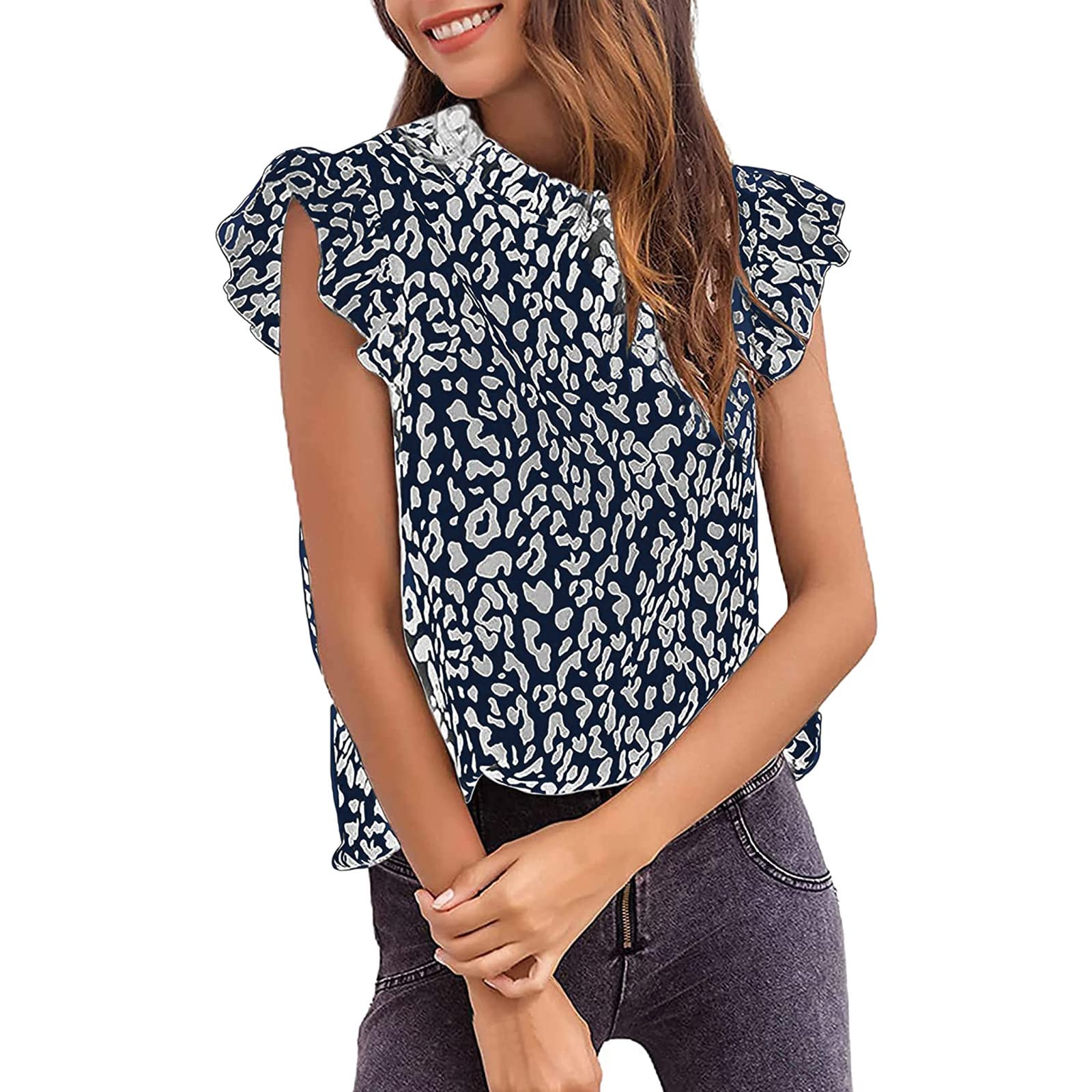 Women's Summer Casual Chiffon Leopard Print Blouse with Stand Collar, Short Petal Sleeves & White Lace Trim - Perfect for Office Wear, Date Nights & Summer Outings