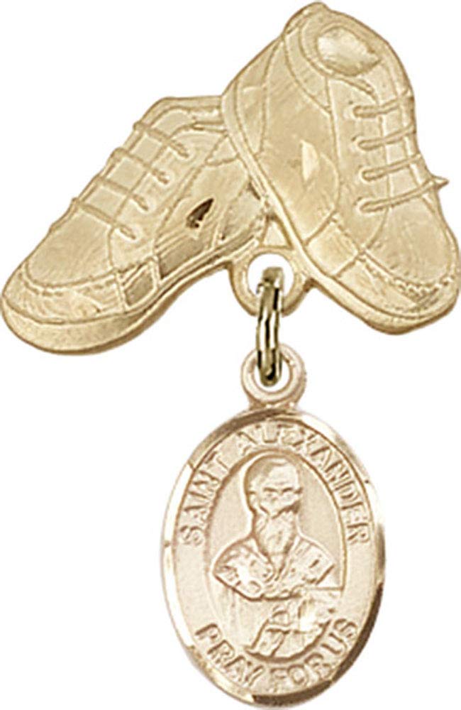 Gold Filled Baby Badge with St. Alexander Sauli Charm & Baby Boots Pin - Handmade in USA | Religious Jewelry for Christening, Baptism Gifts & Newborn Blessings