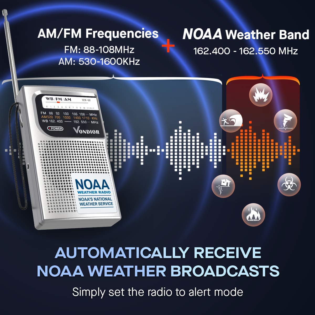 Vondior NOAA Weather Radio - Portable Emergency AM/FM Radio with Best Reception | Battery Powered (2 AA) | Headphone Jack | Silver | Ideal for Outdoor Camping, Hiking & Emergency Preparedness