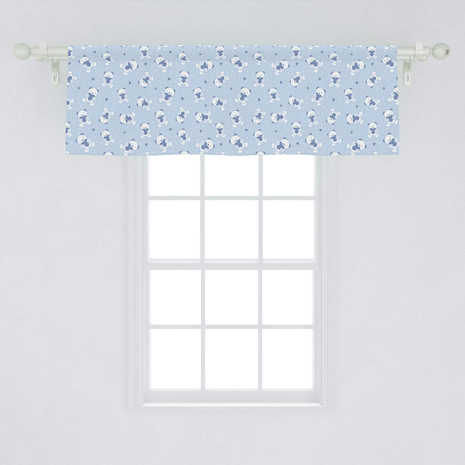 Ambesonne Teddy Bear Cartoon Window Valance - Blue Backdrop with Hearts Shower Theme, 54