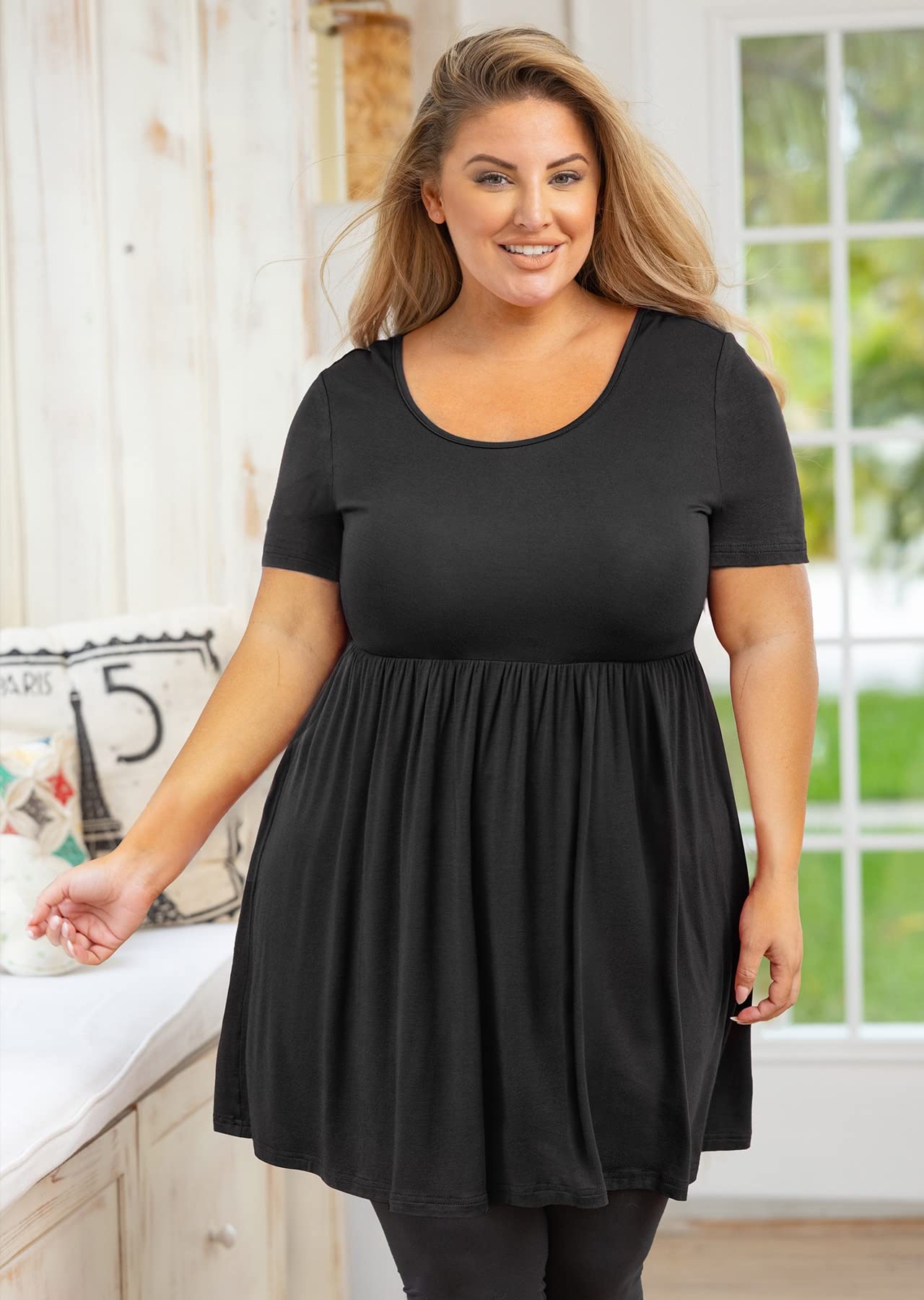 Plus Size Women's Tunic Top - Short Sleeve Scoop Neck Summer Blouse, Flowy Loose Fit Pleated Babydoll T-Shirt (Sizes L-5X) for Casual Wear, Office & Vacation Outfits
