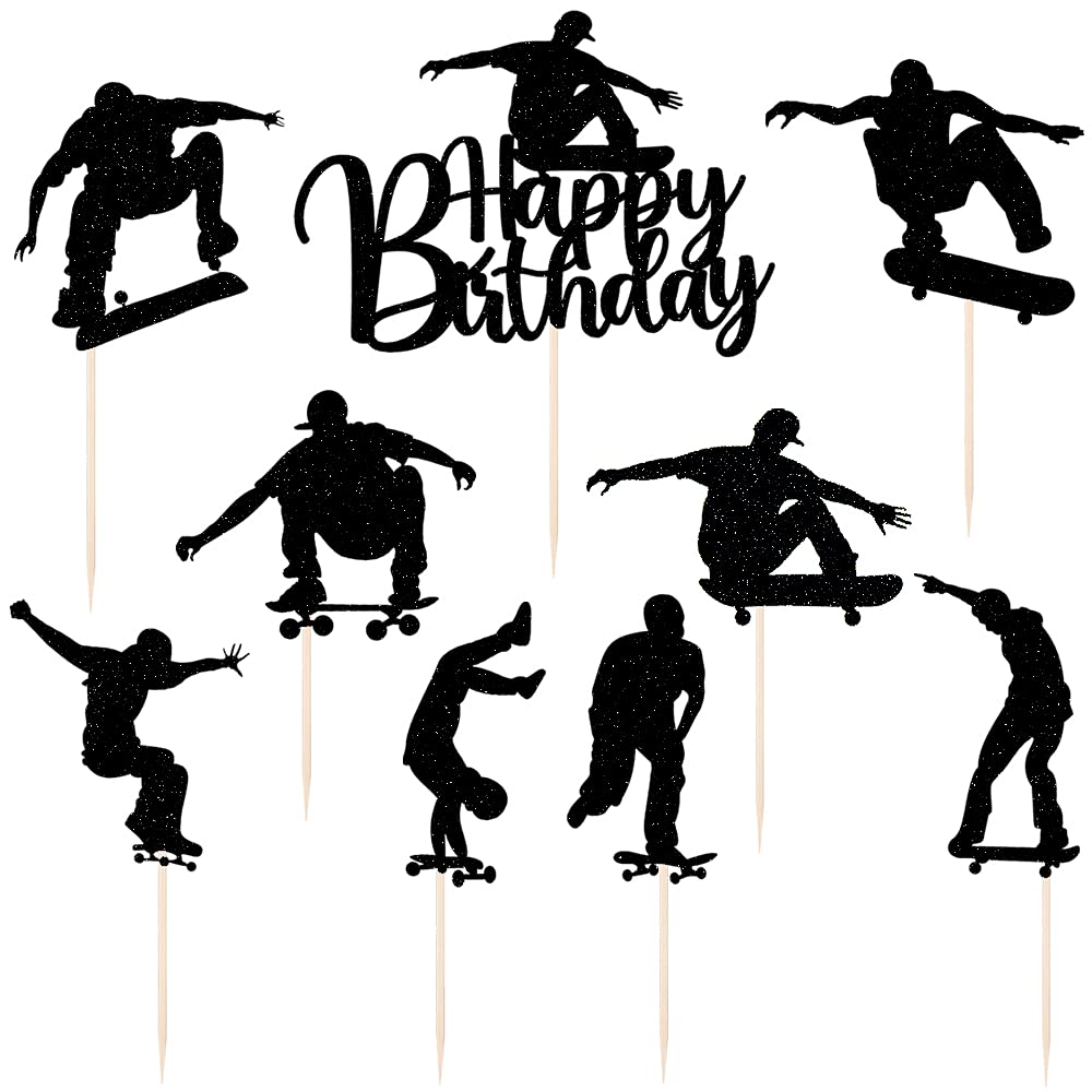 LVEUD 7PCS Black Glitter Skateboard Happy Birthday Cake Toppers - Perfect for Skateboard Birthday Party Decorations & Sport Theme Celebrations | Ideal for Cake Decor, Party Supplies, and Skateboarding Enthusiast Events