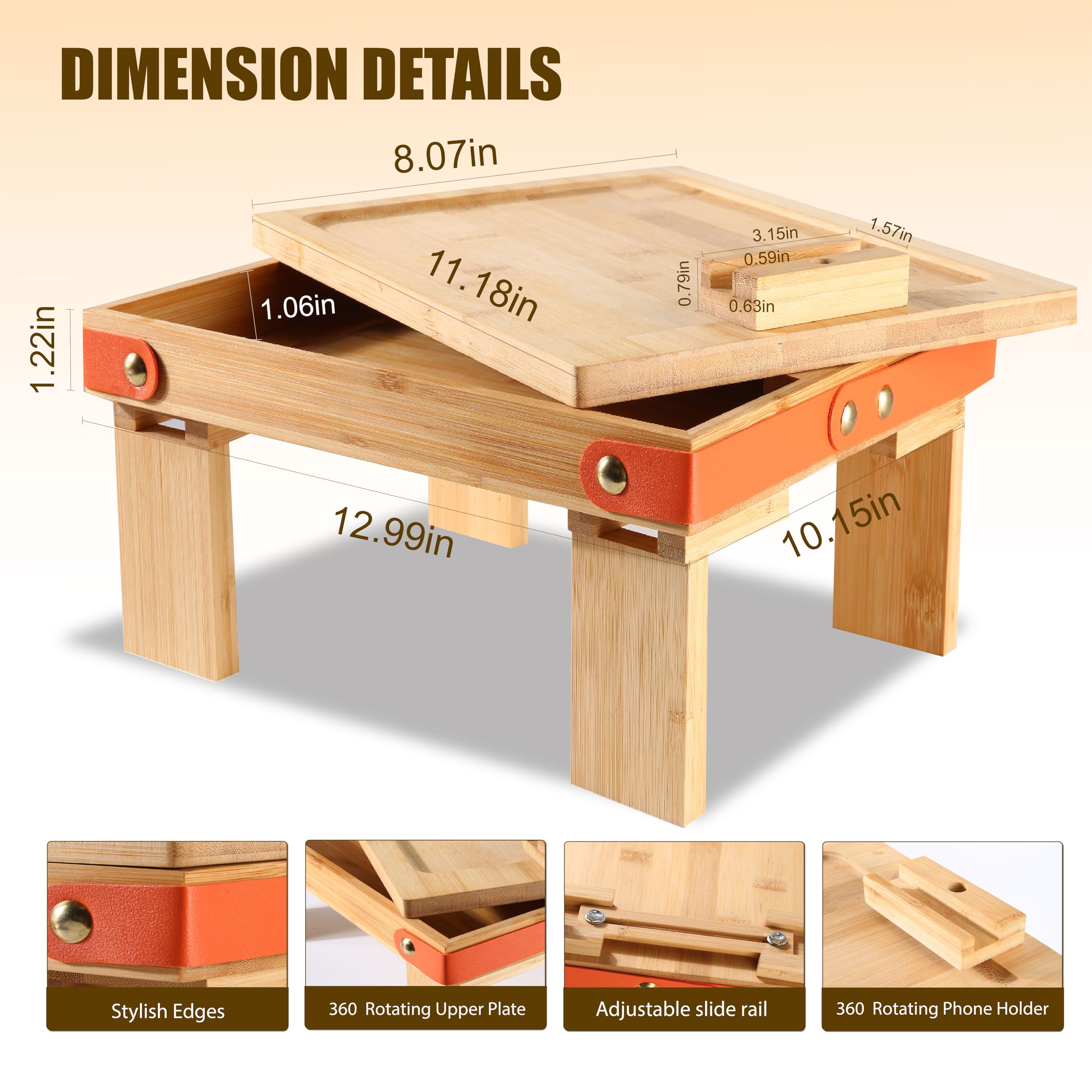 Premium Bamboo Couch Arm Table Tray with 360° Phone Holder - Non-Slip Clip-On Sofa Tray for Remote, Snacks & Drinks (4 Legs) - Perfect for Living Room, Bedroom & Home Theater Relaxation