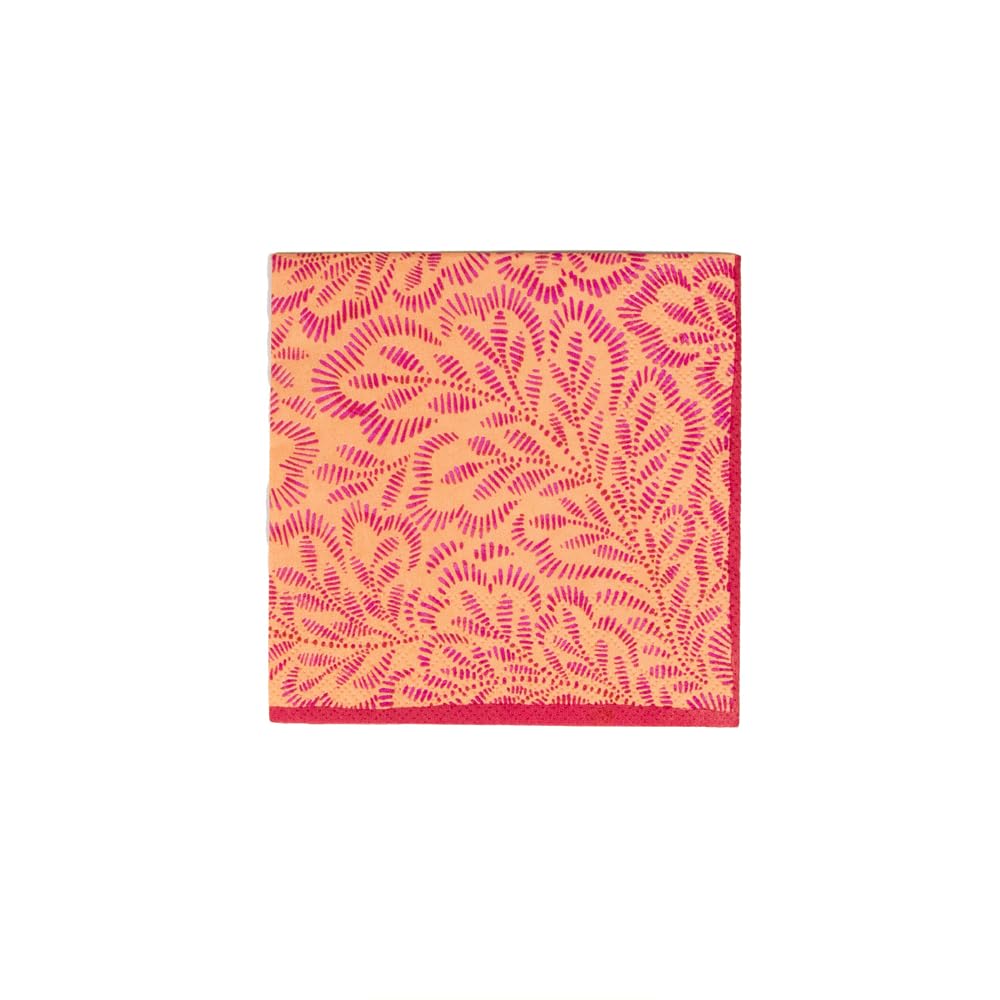 Caspari Block Print Leaves Fuchsia & Orange Cocktail Napkins - 3 Boxes of 40, Premium Paper Party Napkins for Weddings, Cocktail Parties & Home Decor