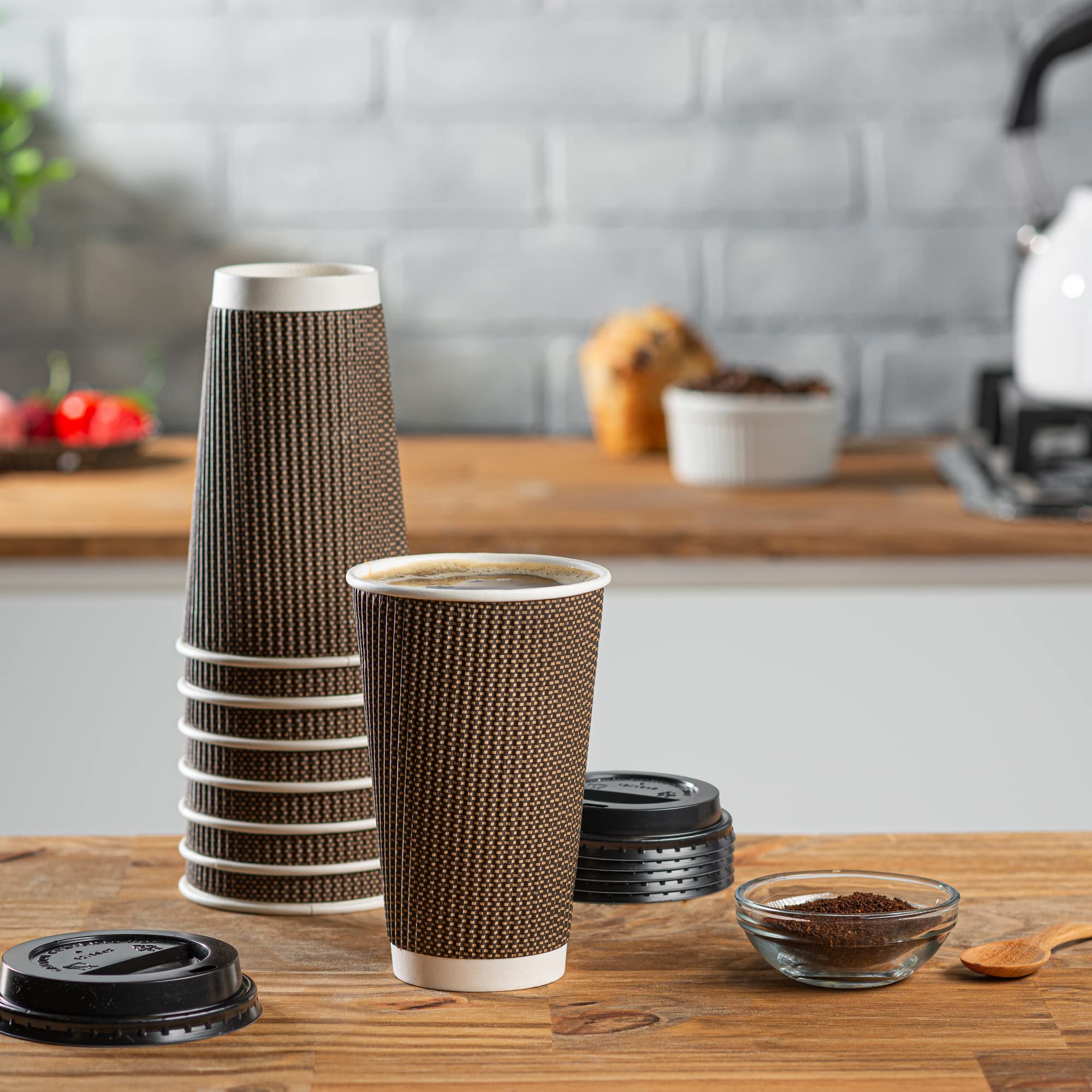 250 Pack 16 oz Insulated Brown Ripple Paper Coffee Cups with Lids - Eco-Friendly Hot Beverage Containers for Coffee Shops, Office Break Rooms & Travel - Lids Color May Vary