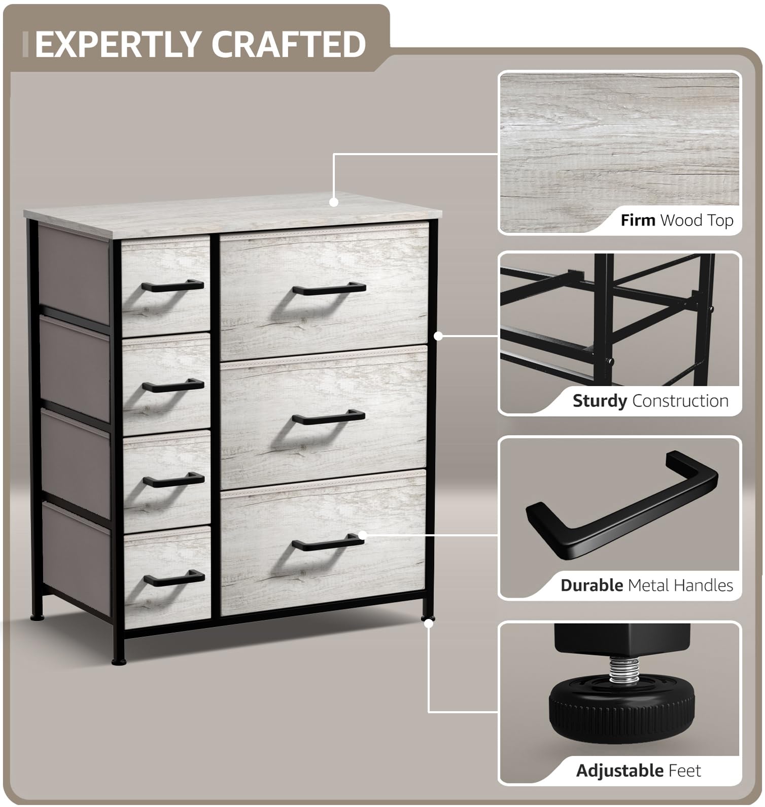 Sorbus 7-Drawer Dresser Organizer with Faux Wood Finish - Sturdy Steel Frame & Wood Top Storage Chest for Clothes, Bedding & Accessories - Perfect for Bedroom, Closet, Dorm Room or Entryway Organization - Easy Pull Fabric Bins for Quick Access