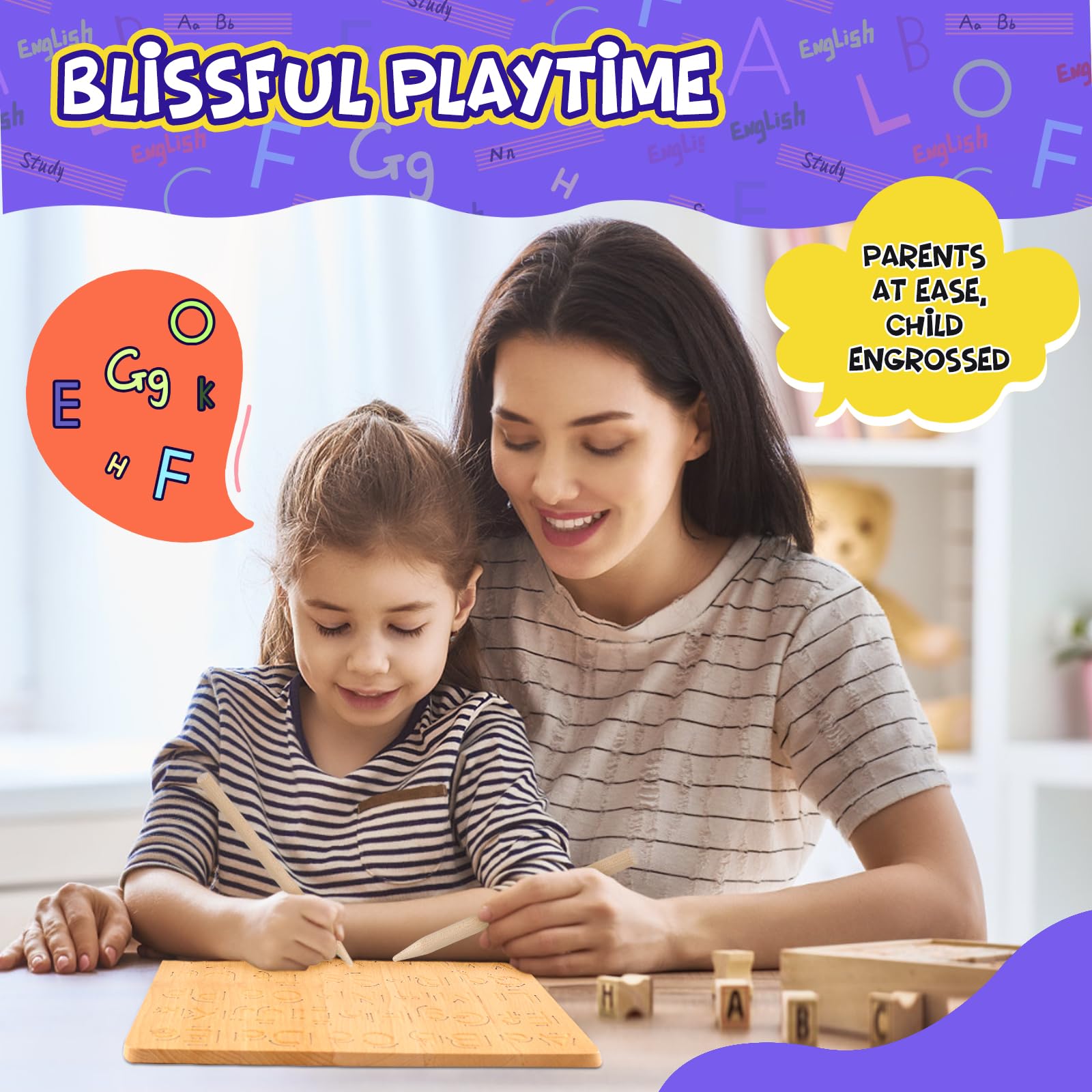 LOOIKOOS Wooden Alphabet Tracing Board - Double-Sided ABC Learning Toy for Kids 3-5 | Montessori Writing Practice & Fine Motor Skills