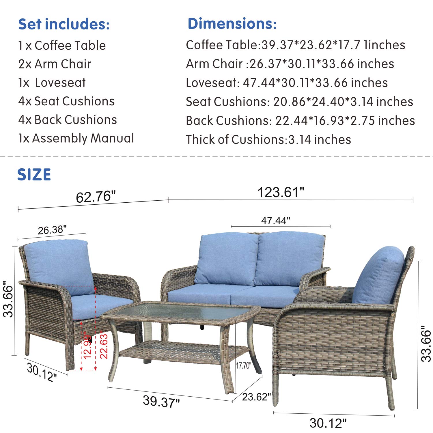 4-Piece High Back Patio Furniture Set - All-Weather PE Wicker Outdoor Conversation Set with Loveseat, 2 Chairs & Coffee Table (Gray Rattan with Denim Blue Cushions) - Perfect for Backyard, Garden, Poolside or Deck Relaxation