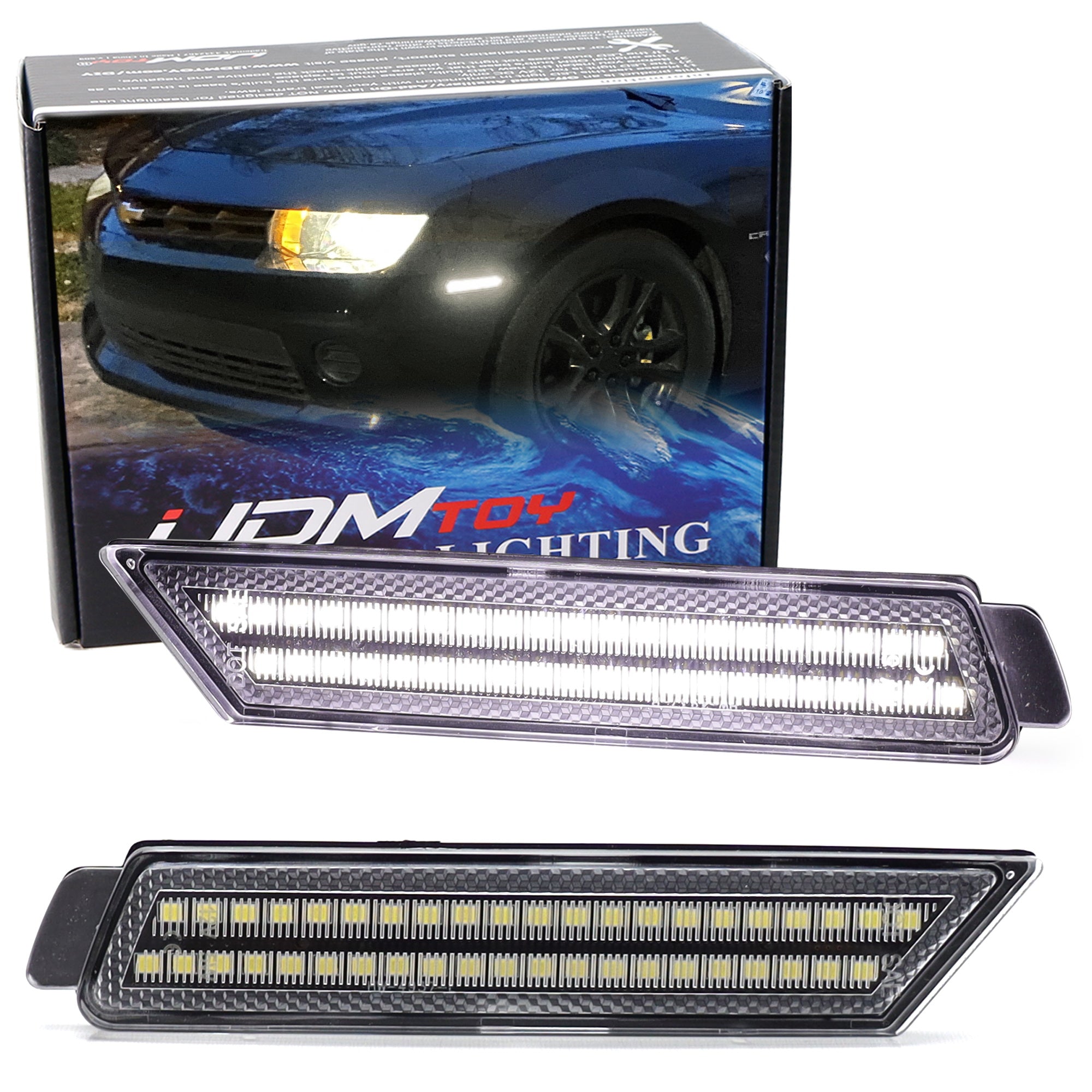 Clear Lens Double Row White Full LED Front Side Markers for 2010-2015 Chevy Camaro - Enhanced Visibility & Style Upgrade for Night Driving & Car Shows