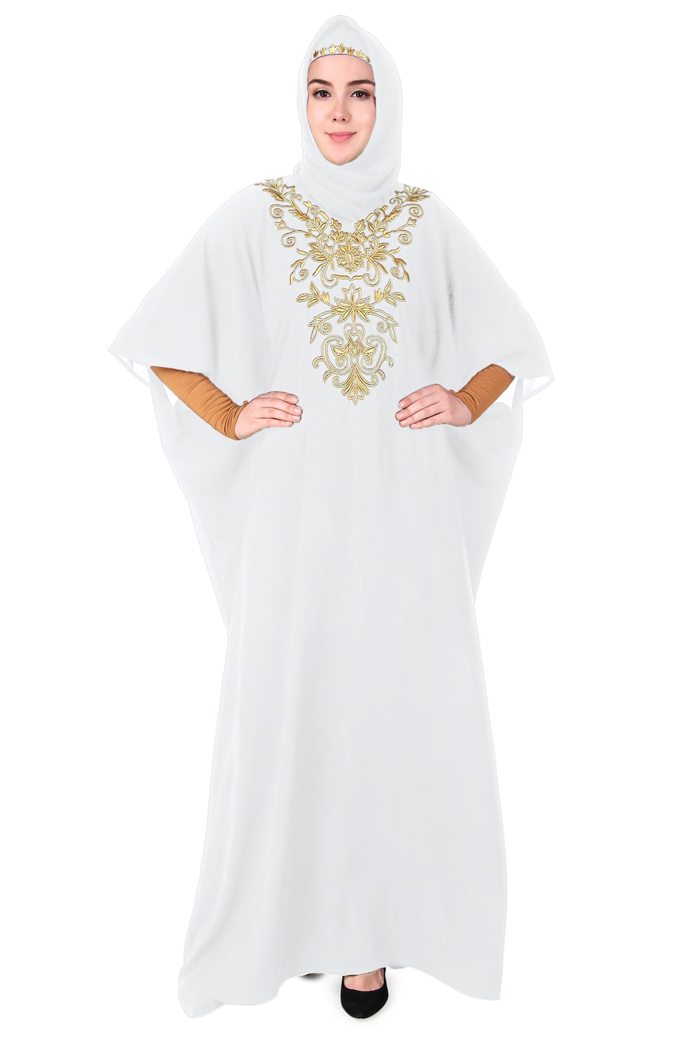 Embroidered Floral Gold Kaftan Dress for Women - Elegant Boho Maxi Dress for Beach, Party & Special Occasions