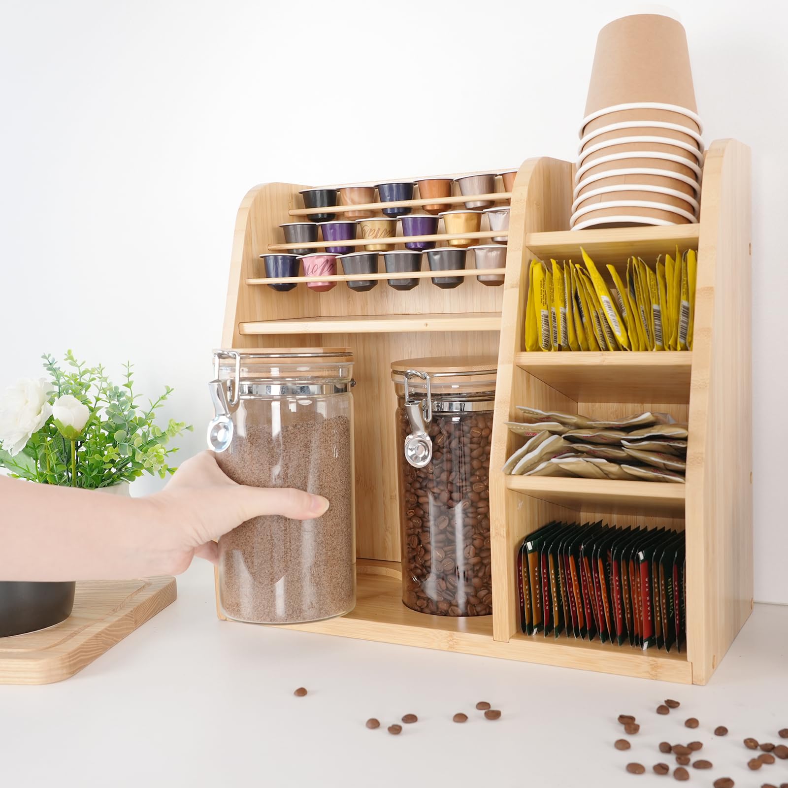 KKC HOME ACCENTS Bamboo Coffee Bar Organizer Set with 2 Airtight Glass Jars - Countertop Storage for Coffee Beans, Loose Tea, Tea Bags & Coffee Pods | Perfect for Kitchen, Office & Coffee Station Organization (Style B)