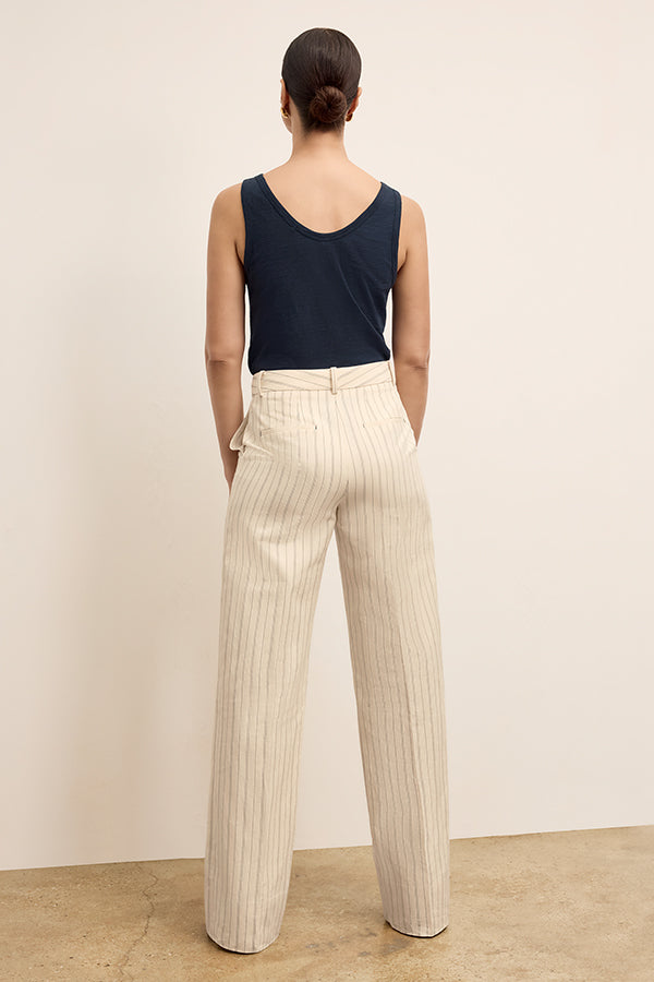 Tinsley Wide Leg Pants for Women - Breeze Stripe Pattern in Ecru & Navy - Comfortable High Waist Trousers for Office, Travel & Casual Wear