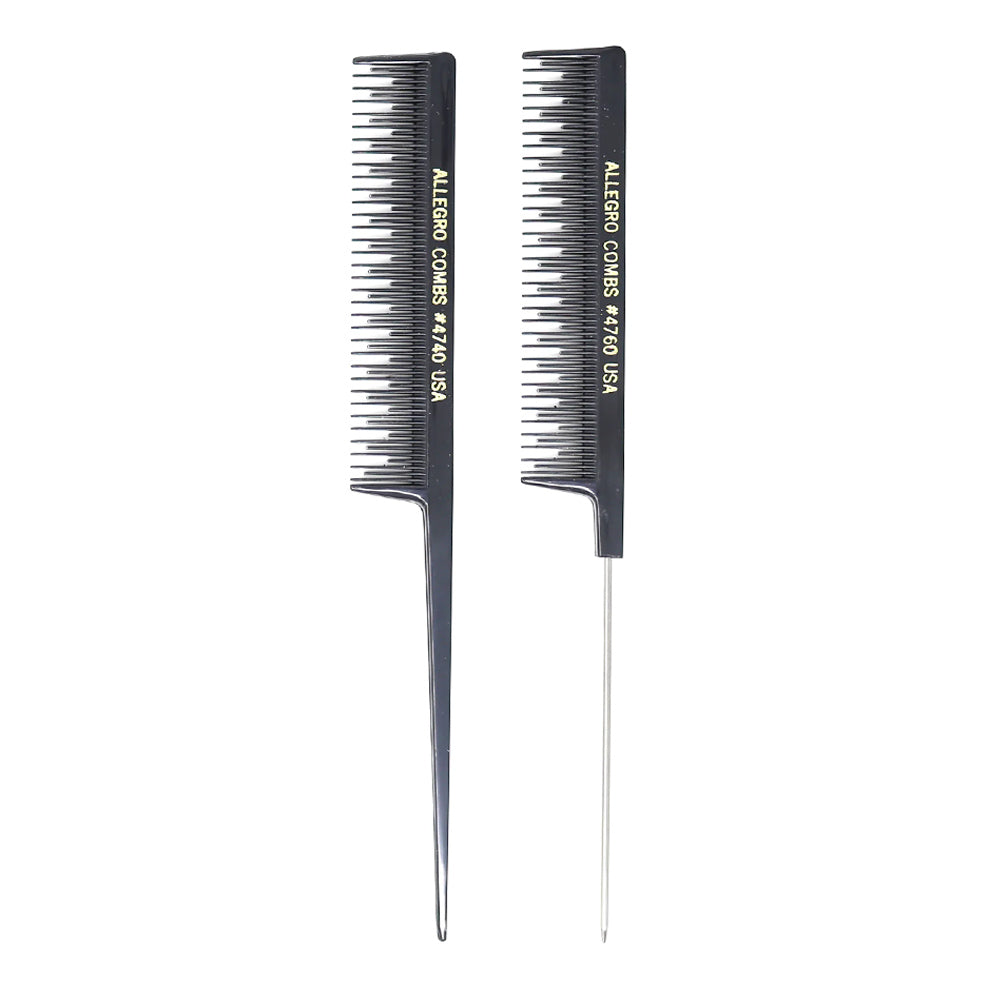 Allegro Teasing Comb & Pintail Rattail Comb Set - 2 Pack Black - USA Made - Perfect for Styling, Detangling & Creating Volume for Hair