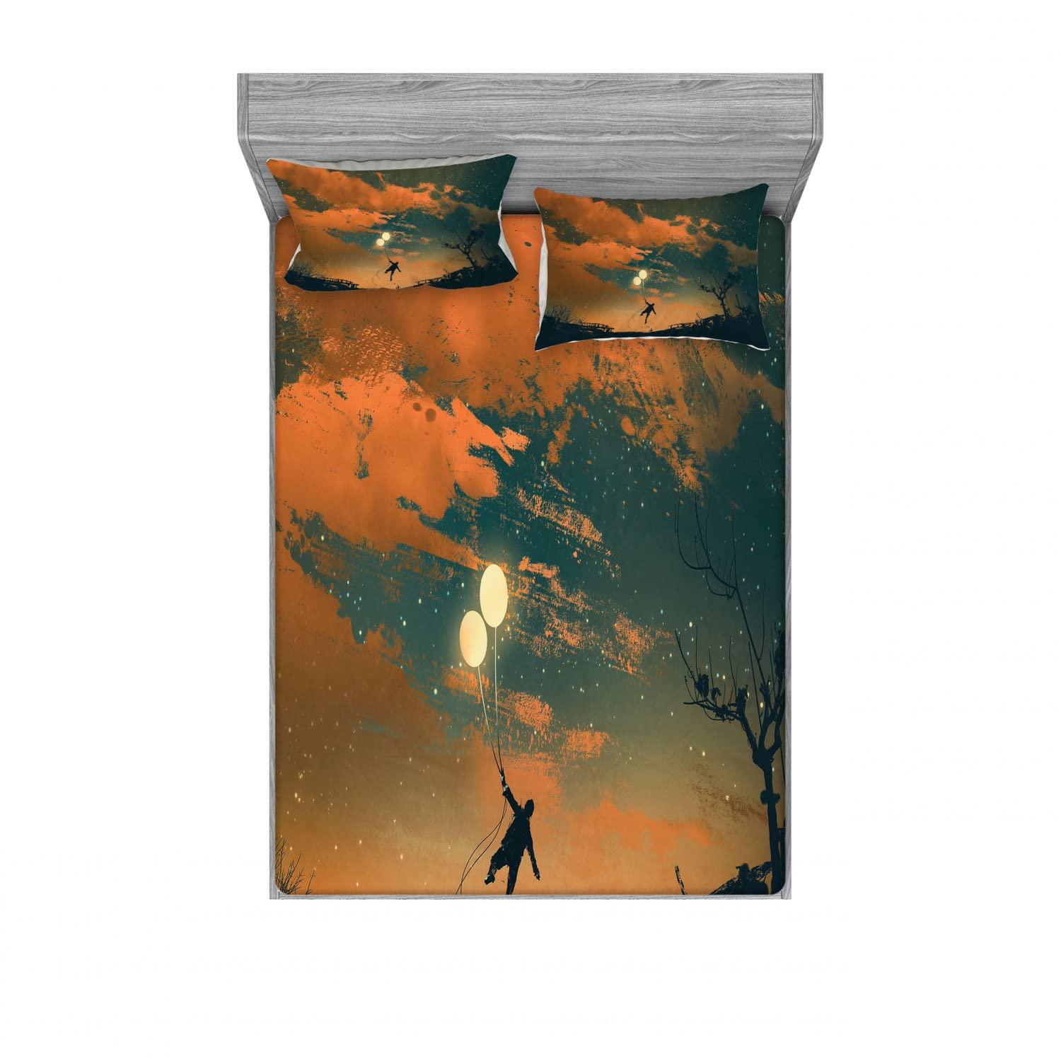 Ambesonne 2-Piece Queen Size Fitted Sheet Set with 4 Pillow Shams - Starry Night Sky Fantasy Bedding in Orange Ash Grey | Soft Microfiber Sheets for Guest Rooms, Dorms & Cozy Bedroom Decor