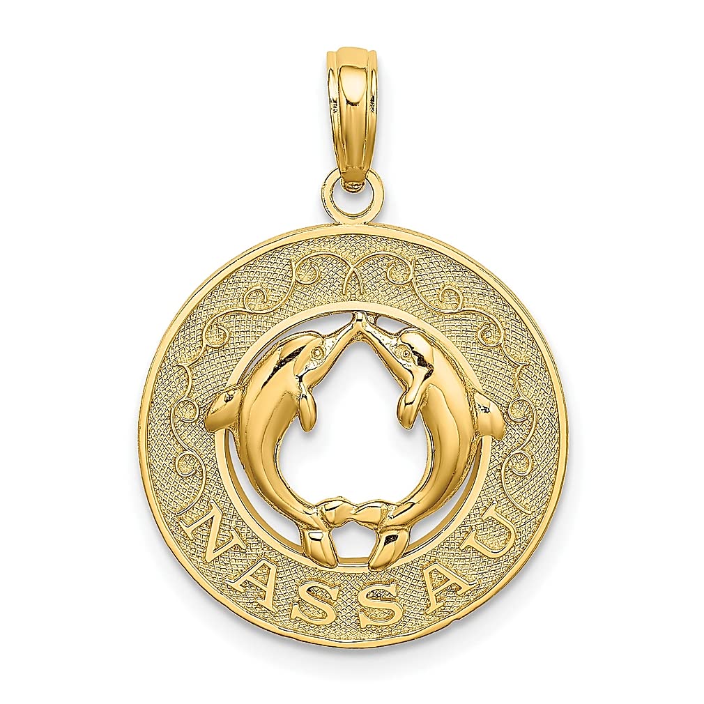 14K Yellow Gold Nassau Dolphin Circle Charm Necklace - Elegant Travel Inspired Jewelry Pendant for Women | Perfect Gift for Her, Beach Vacation, Cruise Wear & Tropical Getaways