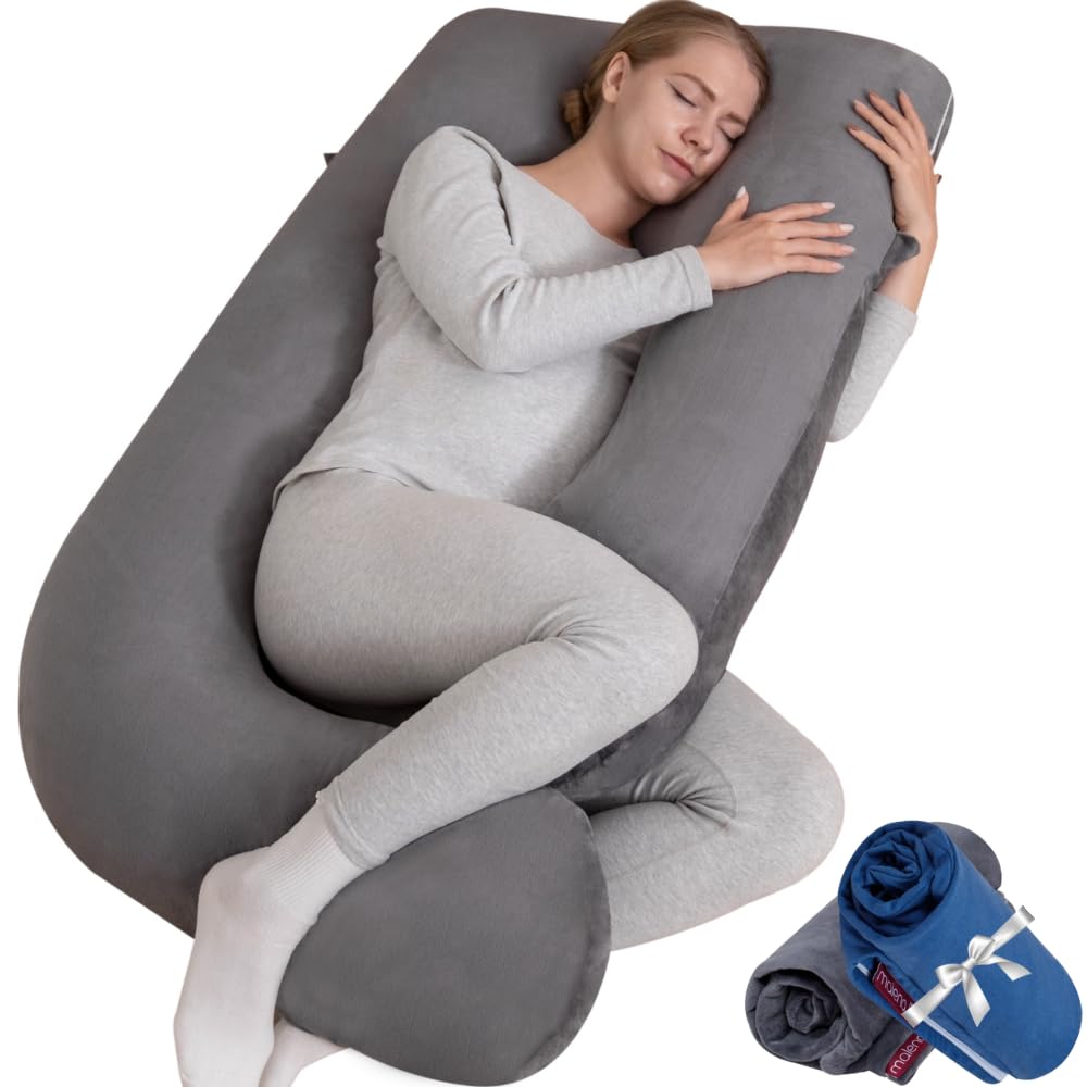 Malena Life G-Shaped Pregnancy Pillow with 2 Removable Covers | 50-inch Ergonomic Full Body Pillow for Sleeping, Maternity Support & Post-Surgery Recovery - Grey Velvet & Blue Cotton | Perfect for Side Sleepers, Pregnant Women & Recovery Patients
