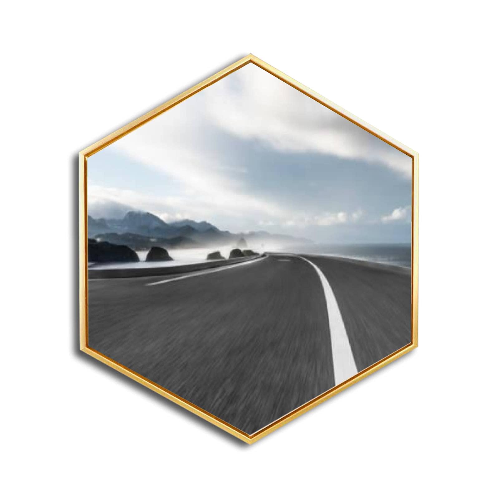 Golden Framed Seaside Road Canvas Wall Art - Modern Minimalist Giclee Print Hexagon Wall Decor for Home & Office - Ready to Hang - Perfect for Living Room, Bedroom & Workspace Decor