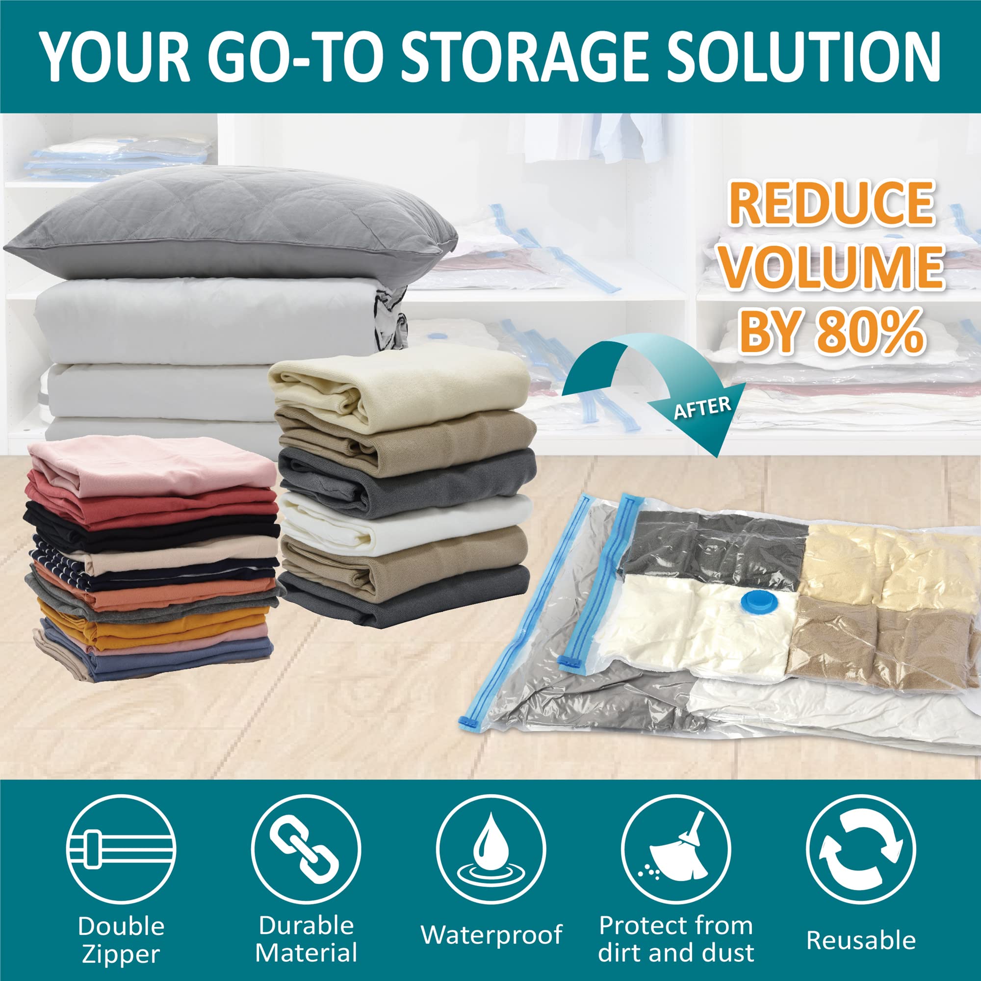 30 Pack Space Saver Vacuum Storage Bags (6 Jumbo/6 Large/6 Medium/6 Small/6 Roll) - Compression Bags for Clothes, Comforters, Blankets & Seasonal Storage - Includes Hand Pump - Perfect for Travel, Moving & Home Organization