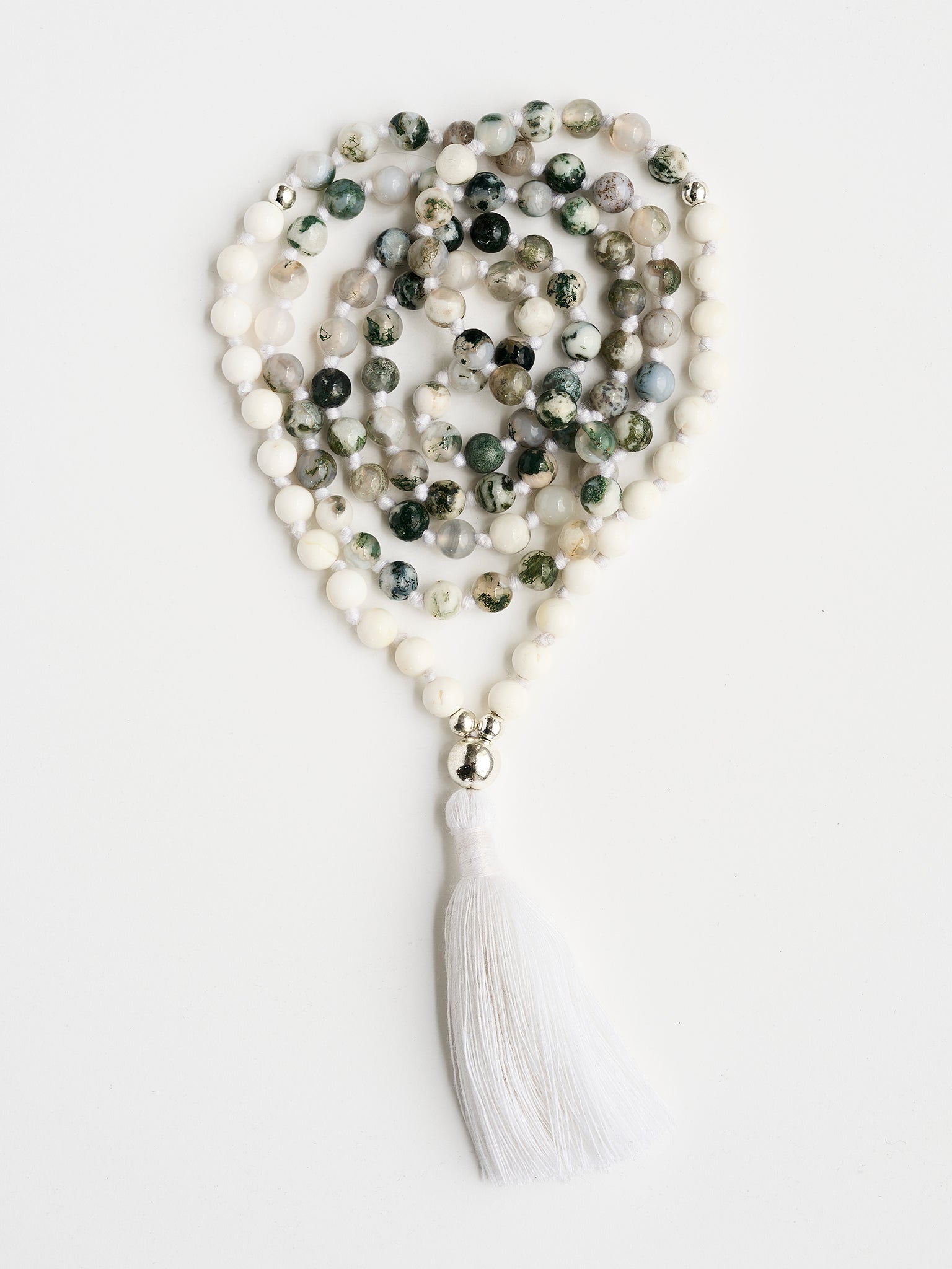 Tree Agate & Mother of Pearl Mala Bead Necklace - Meditation, Yoga & Spiritual Healing Jewelry for Mindful Practice