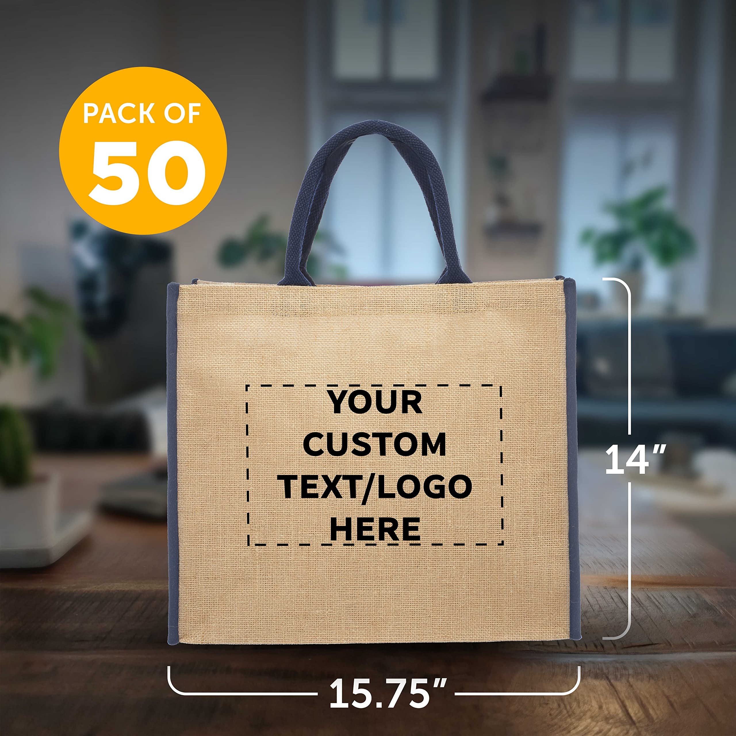 Custom Fresno Eco-Friendly Jute Tote Bags - Bulk Pack of 50 Personalized Reusable Shopping Bags | Perfect for Trade Shows, Grocery Shopping, Outdoor Events & Corporate Gifts - Blue
