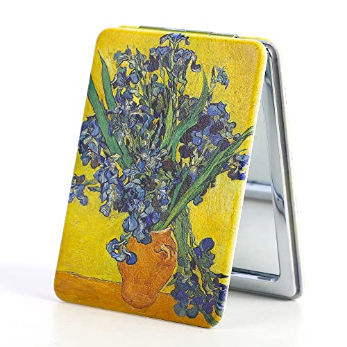 Dynippy Compact Square Makeup Mirror with PU Leather Cover - 2x/1x Magnification Double-Sided Portable Hand Mirror for Women, Girls & Kids (Yellow Bottle Irises) - Perfect for Purses, Travel & On-the-Go Touch Ups