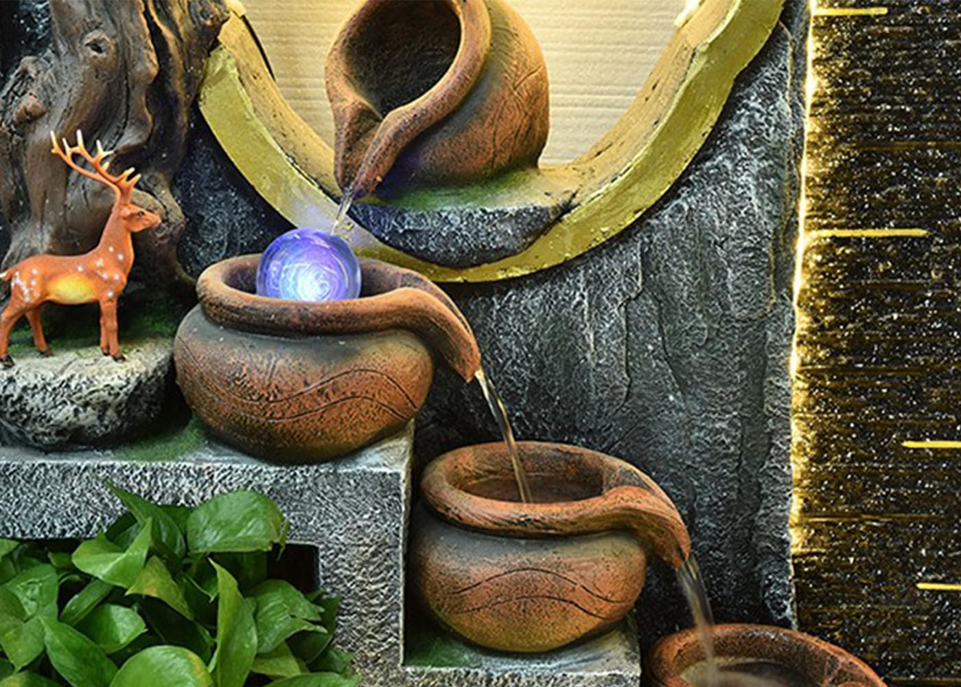 Large Zen Landscape Wall Fountain with LED Lights & Bonsai Accents - Indoor/Outdoor Waterfall Decor for Home, Office, Garden | Relaxing Meditation, Spa, Yoga Space | Model 5026